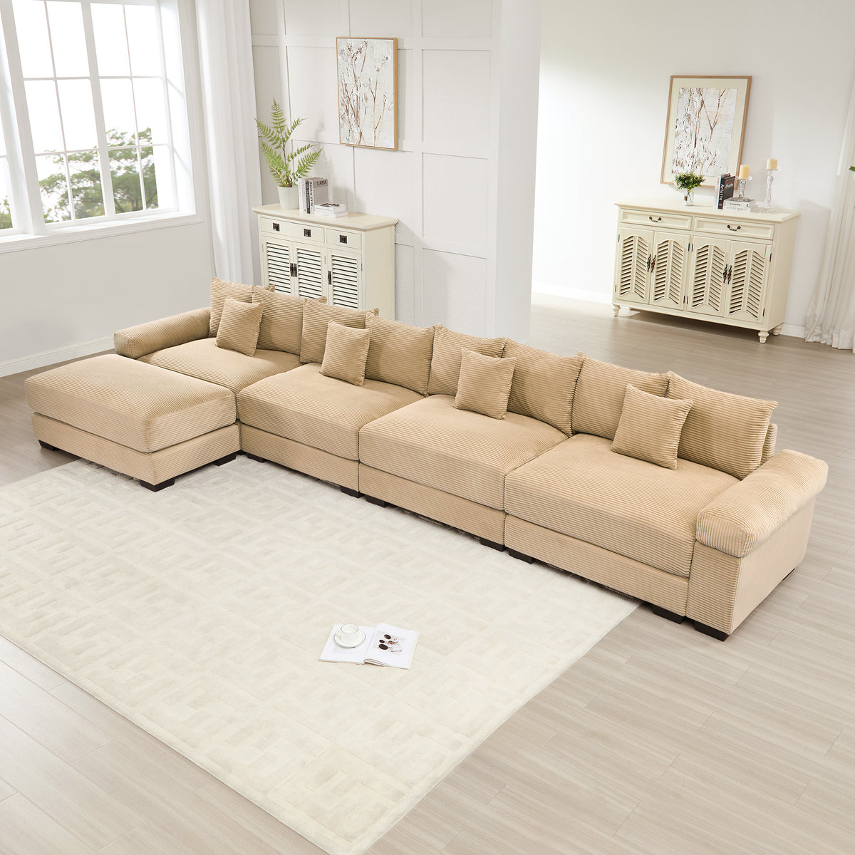 Camel Corduroy L-Shaped Modular Sectional with Ottoman, 170 in Wide