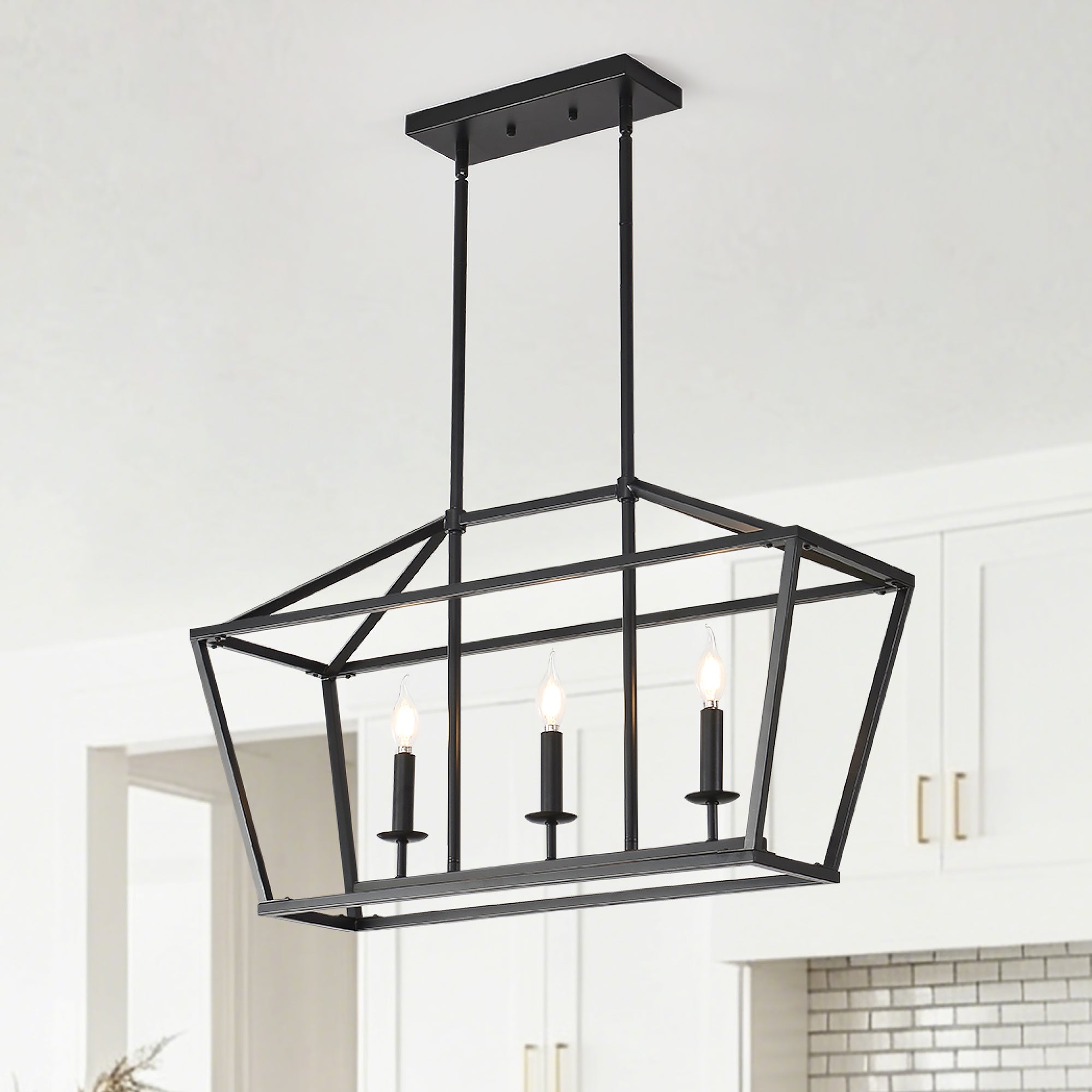 Chandelier, 3-Light Metal Fixture, Matte Black