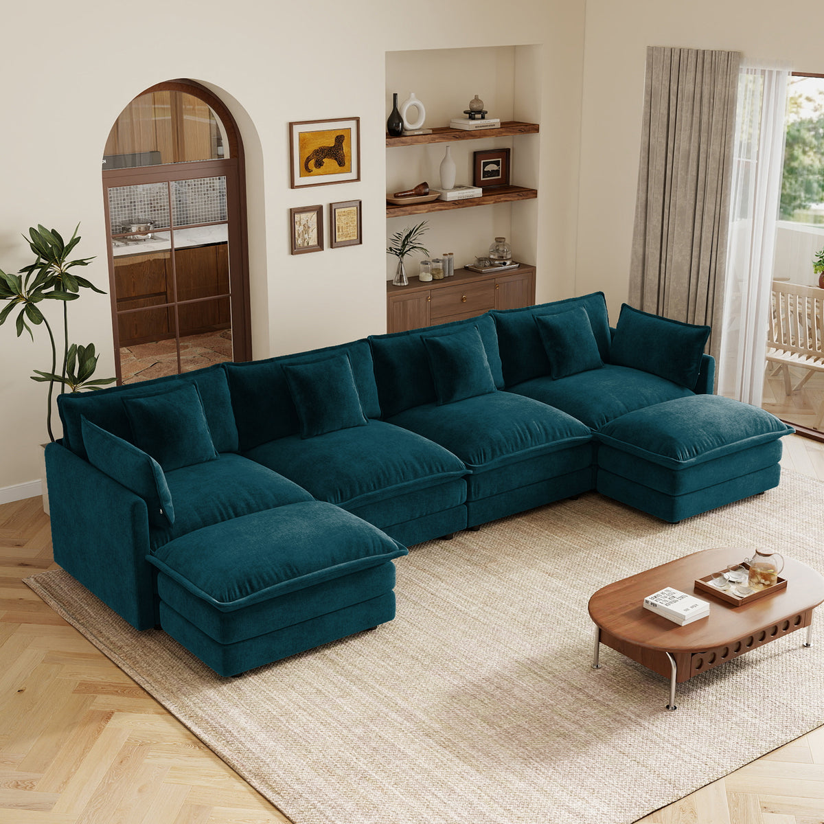 Blue Chenille Sectional Couch with 2 Ottomans, 4-Seat