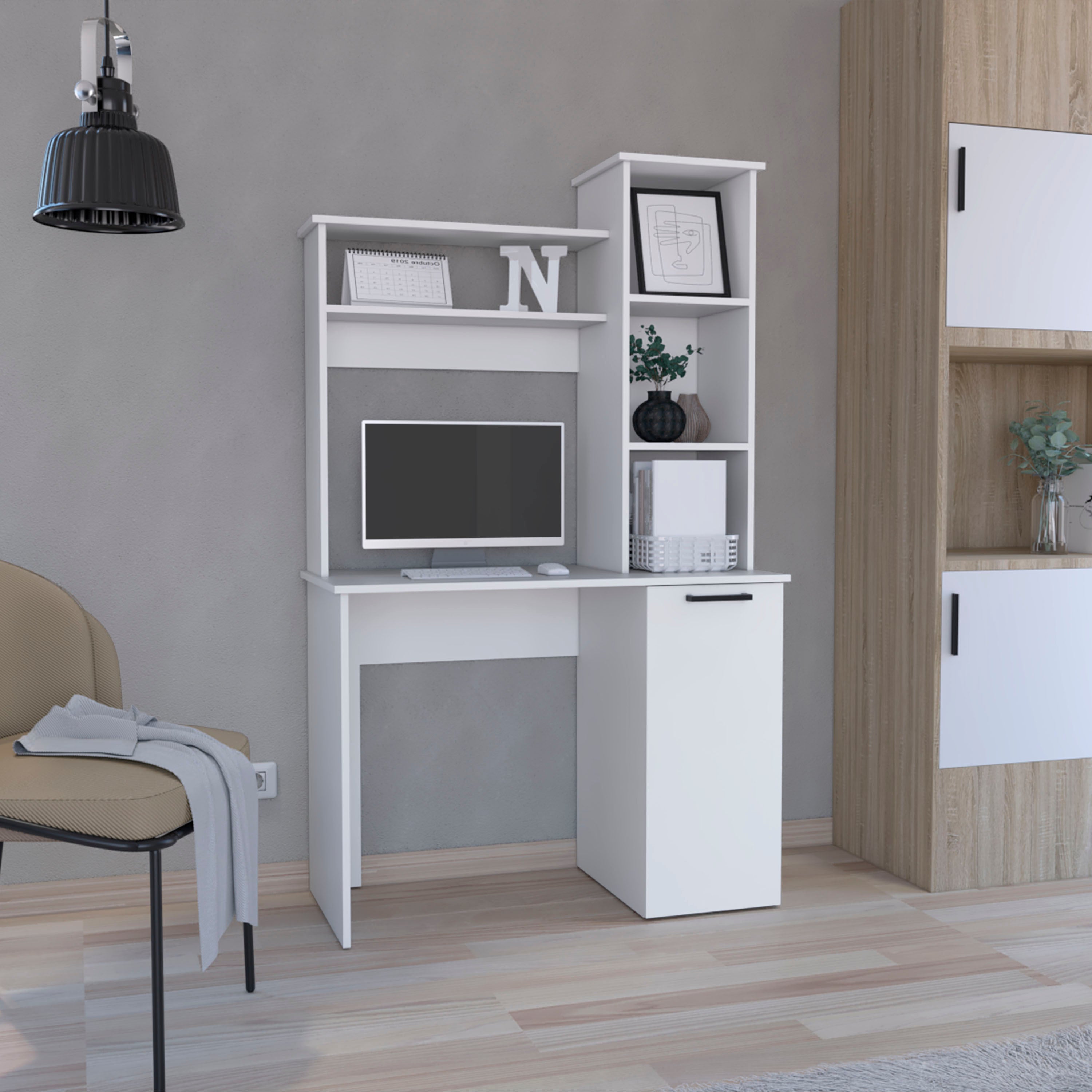 Computer Desk with Hutch, Workstation, 38.7 in, White, 64.2 in Tall
