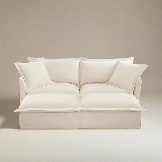 Fluffy 2-Seat Chenille Sofa – Cream with 2 Ottomans, Washable
