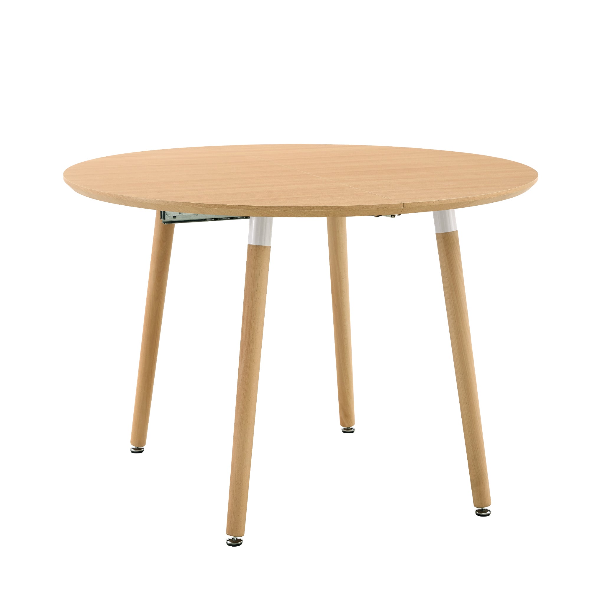 Oak-look round dining table viewed from the front on a plain white background