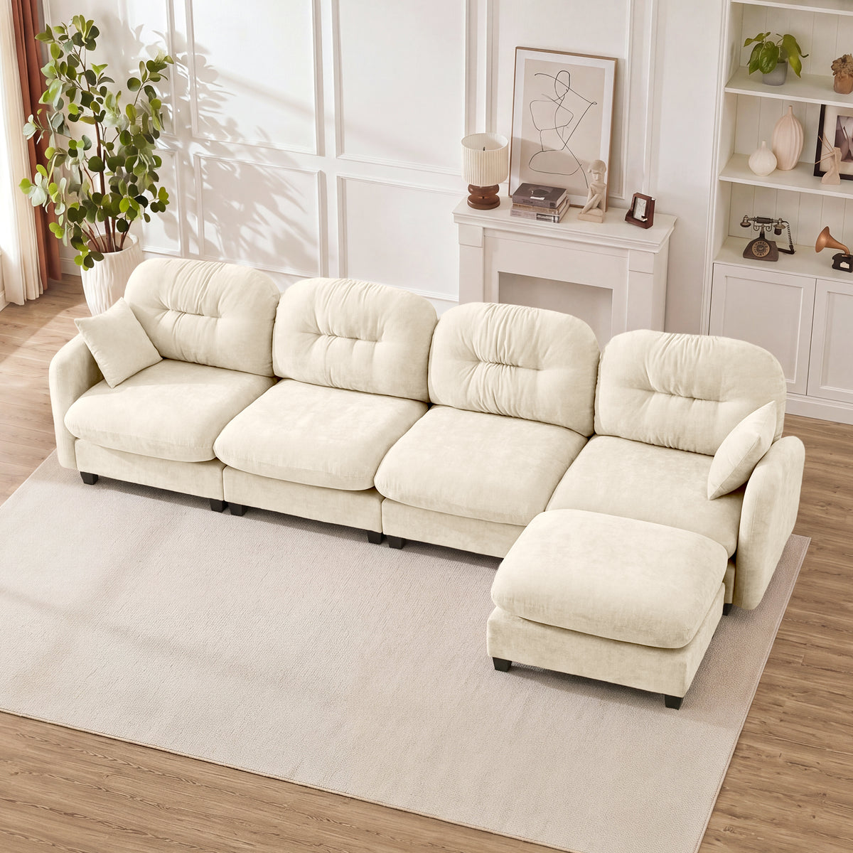 Beige Chenille Modular Sectional Couch with Ottoman
