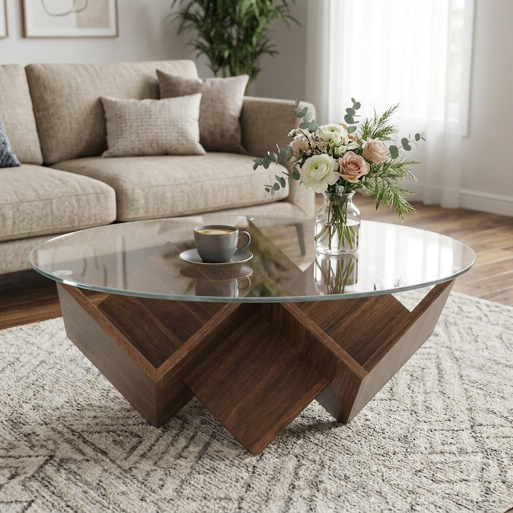 Walnut Glass Top Round Coffee Table with Storage, 35.4 in