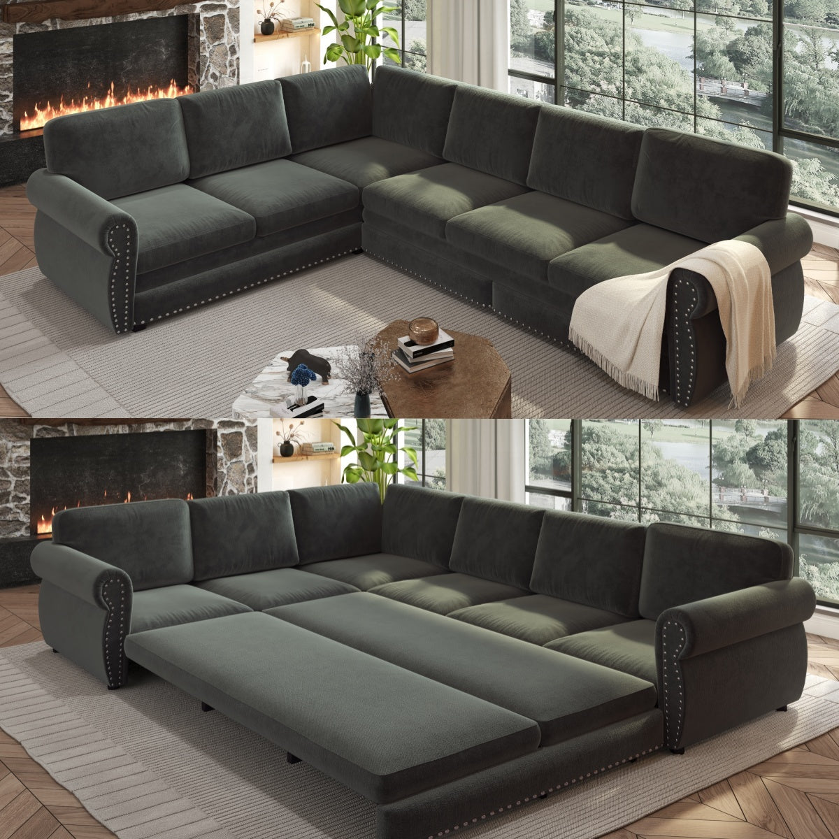 Dark Gray Chenille L-Shaped Sleeper Sectional, 118 in Wide