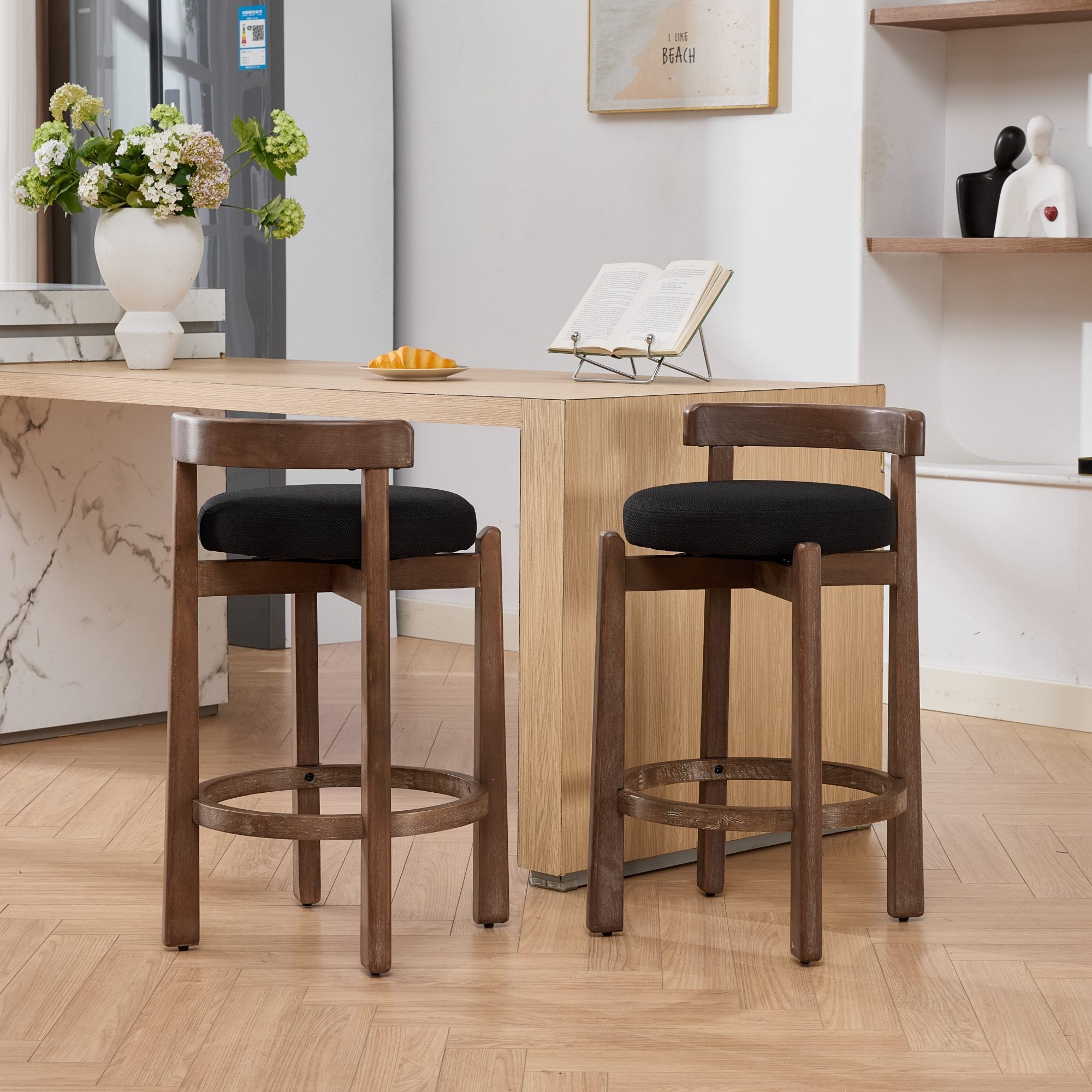 Mid-Century Counter Stool Set of 2, Black Linen, Walnut Swivel