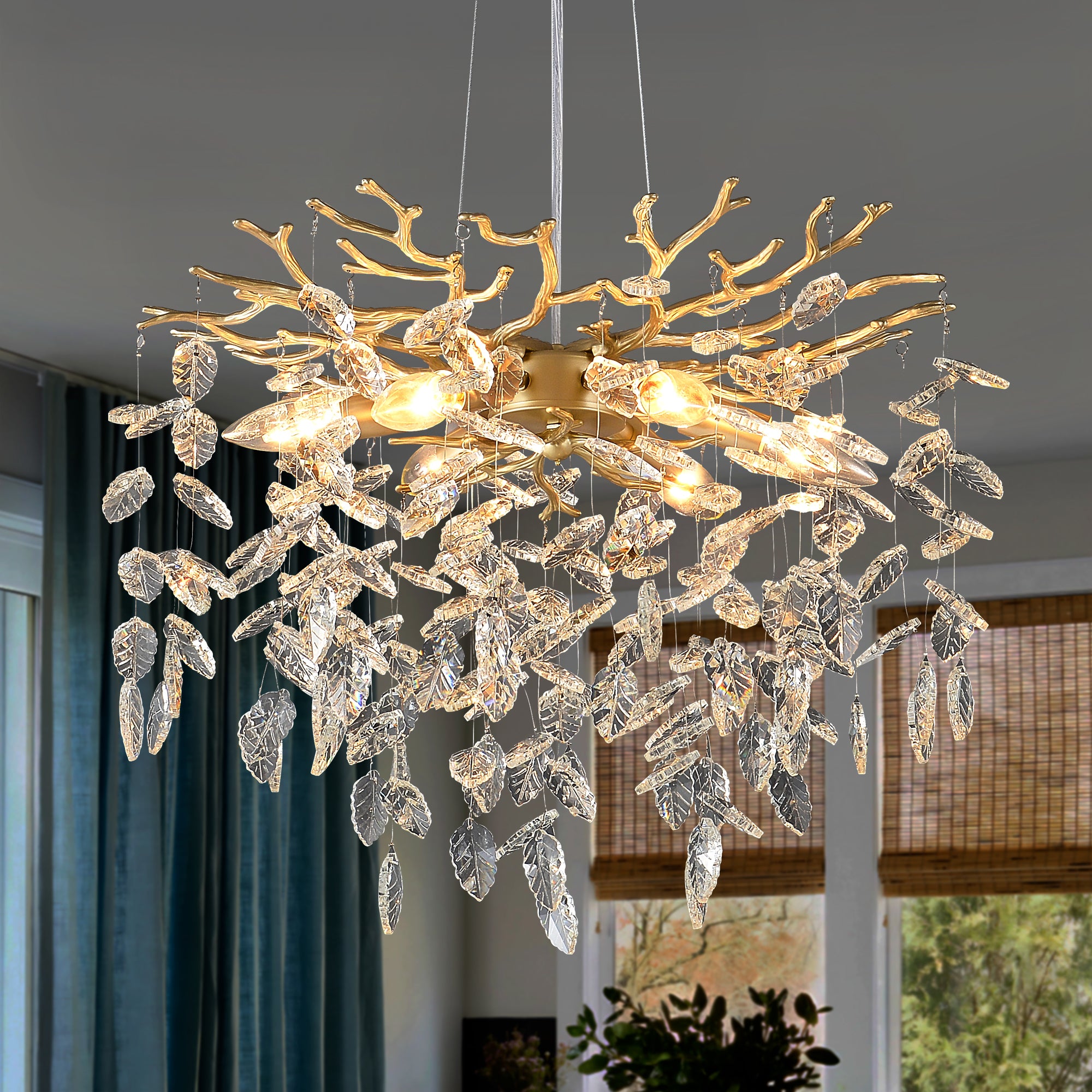 Chandelier, 6-Light Crystal Shade Design, Gold Finish