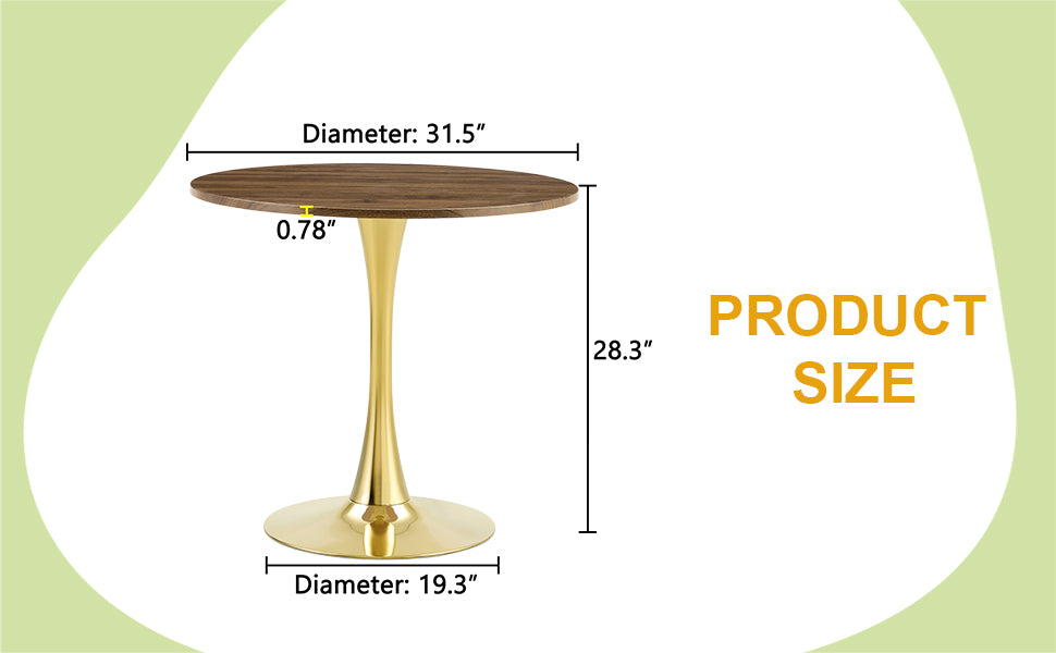 Dimension diagram of the round walnut table showing 31.5 inch top, 28.3 inch height and 19.3 inch base