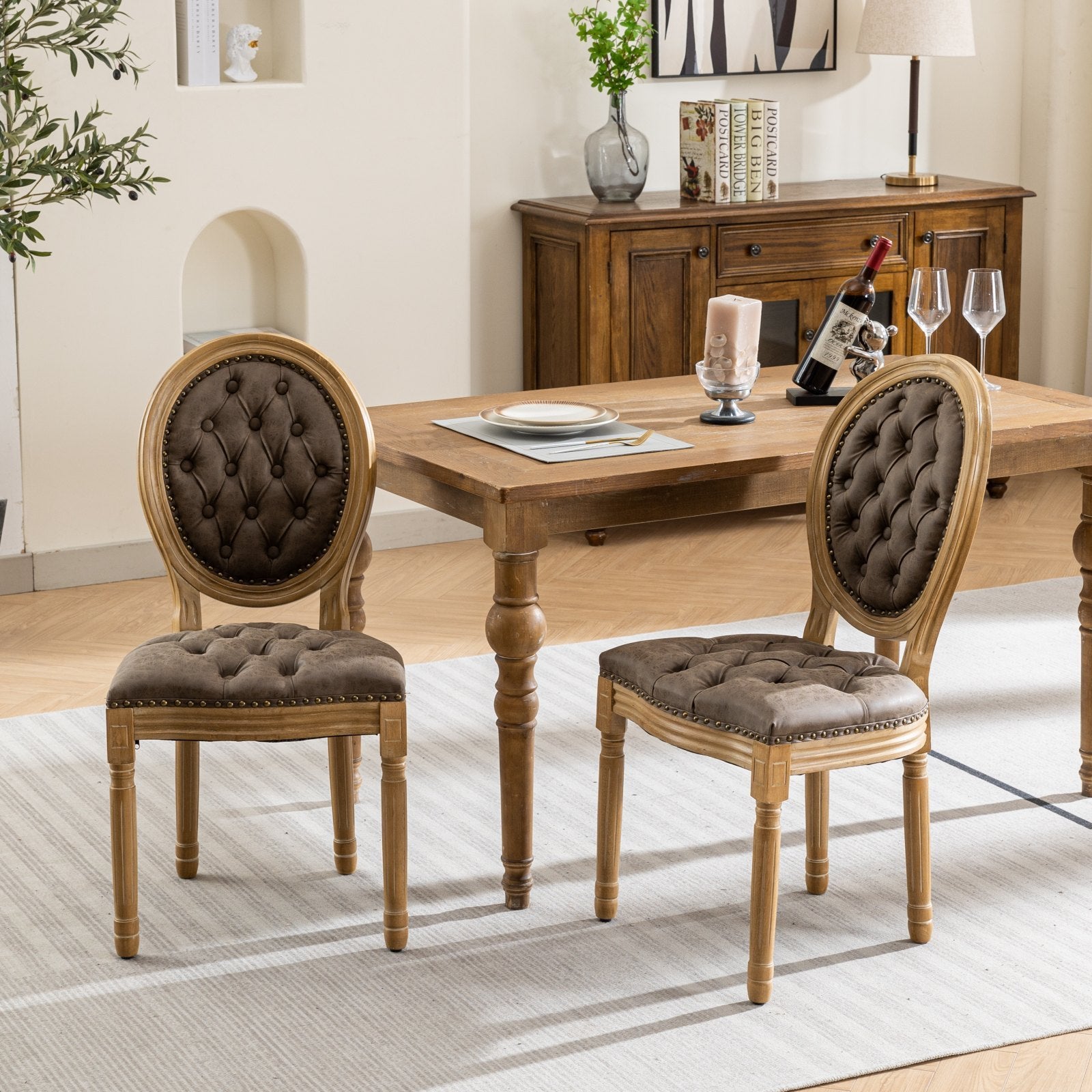 French Oval-Back Vegan Leather Dining Chairs Set of 2, Brown