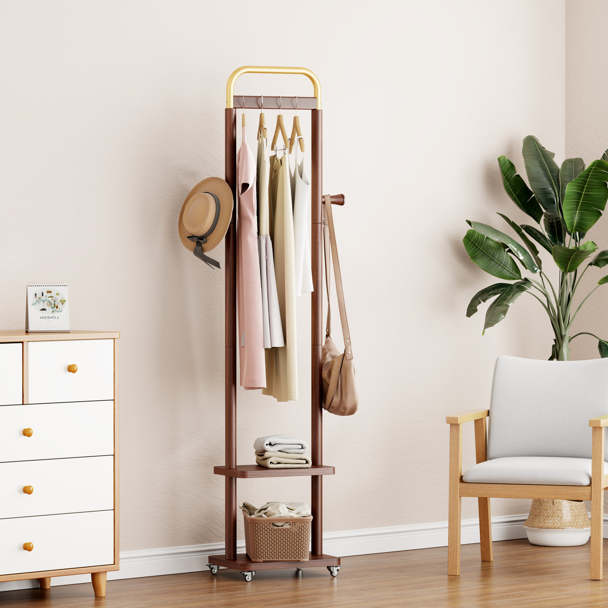 Walnut Solid Wood Coat Rack, 15.7 in Wide