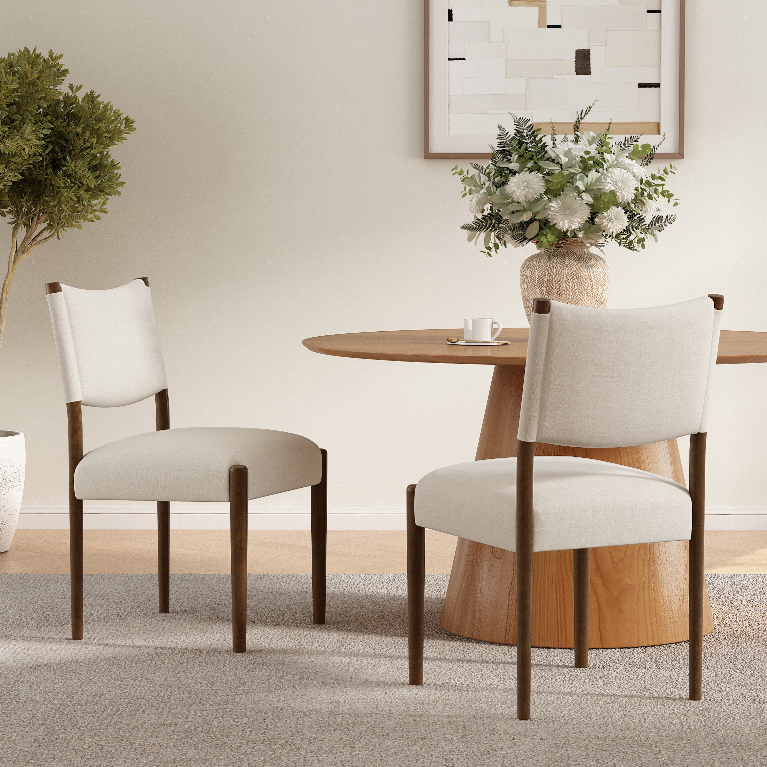 Modern Dining Chairs Set of 2, Beige Fabric, Walnut Legs