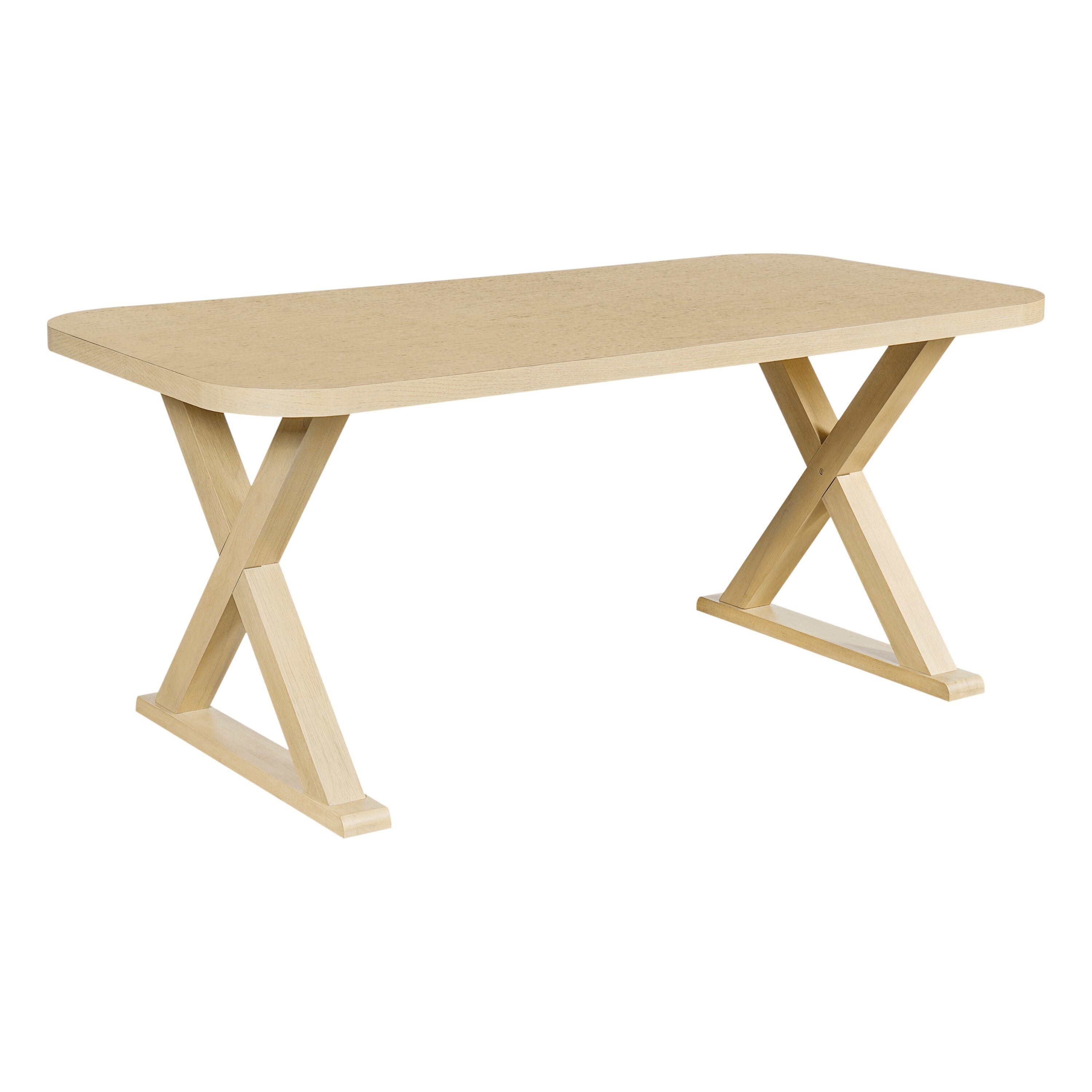 Angled studio view of the oak veneer dining table showing the crossed X-legs, white background