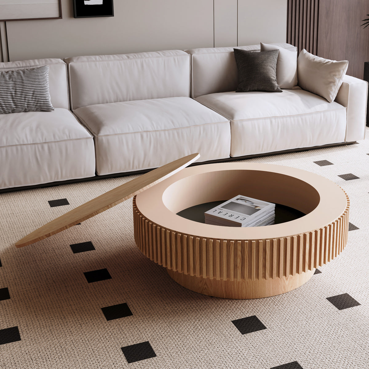 Natural Round Coffee Table with Storage, 39.4 in, 13.8 in Tall