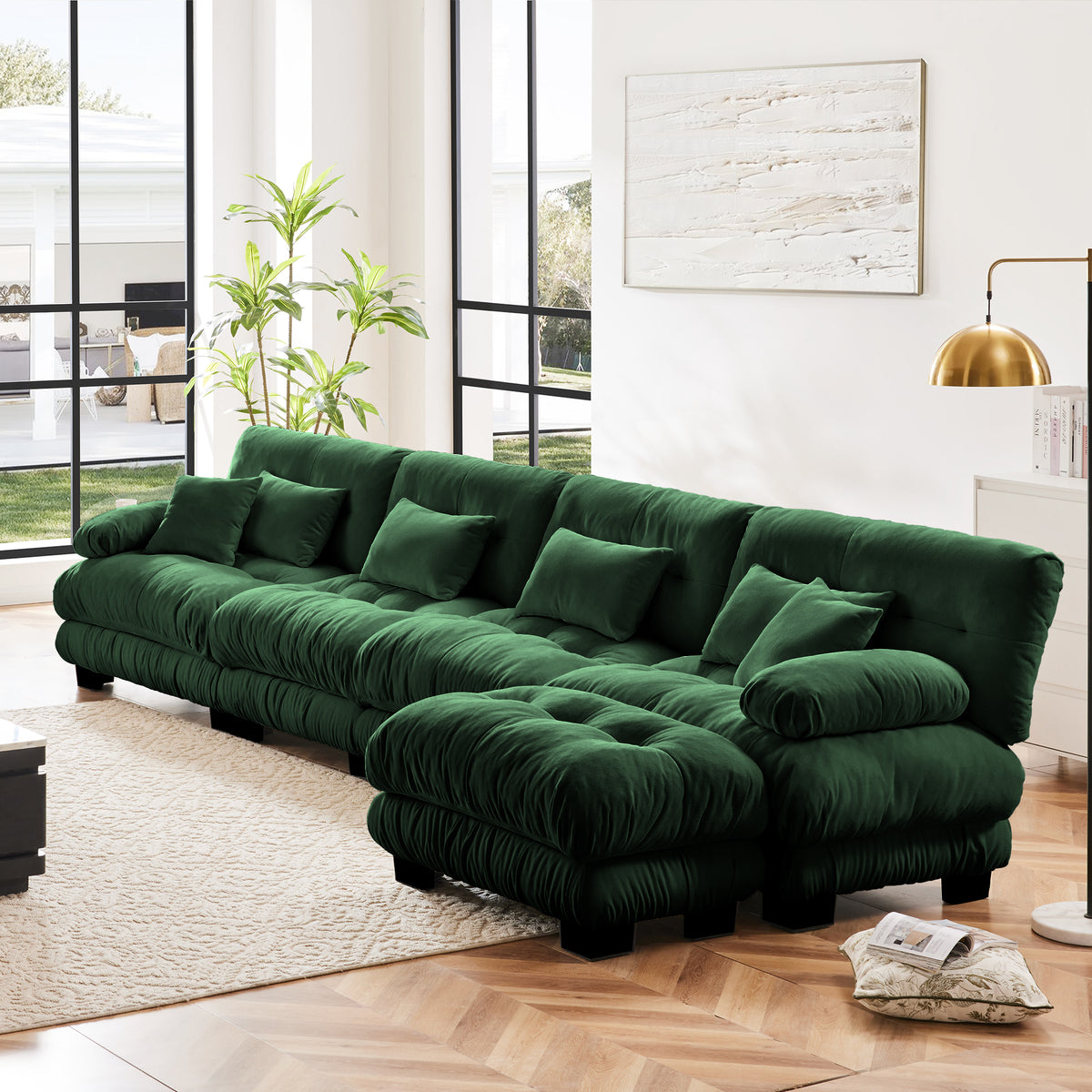 Green Chenille Modular Sectional Couch with Ottoman, 4-Seat
