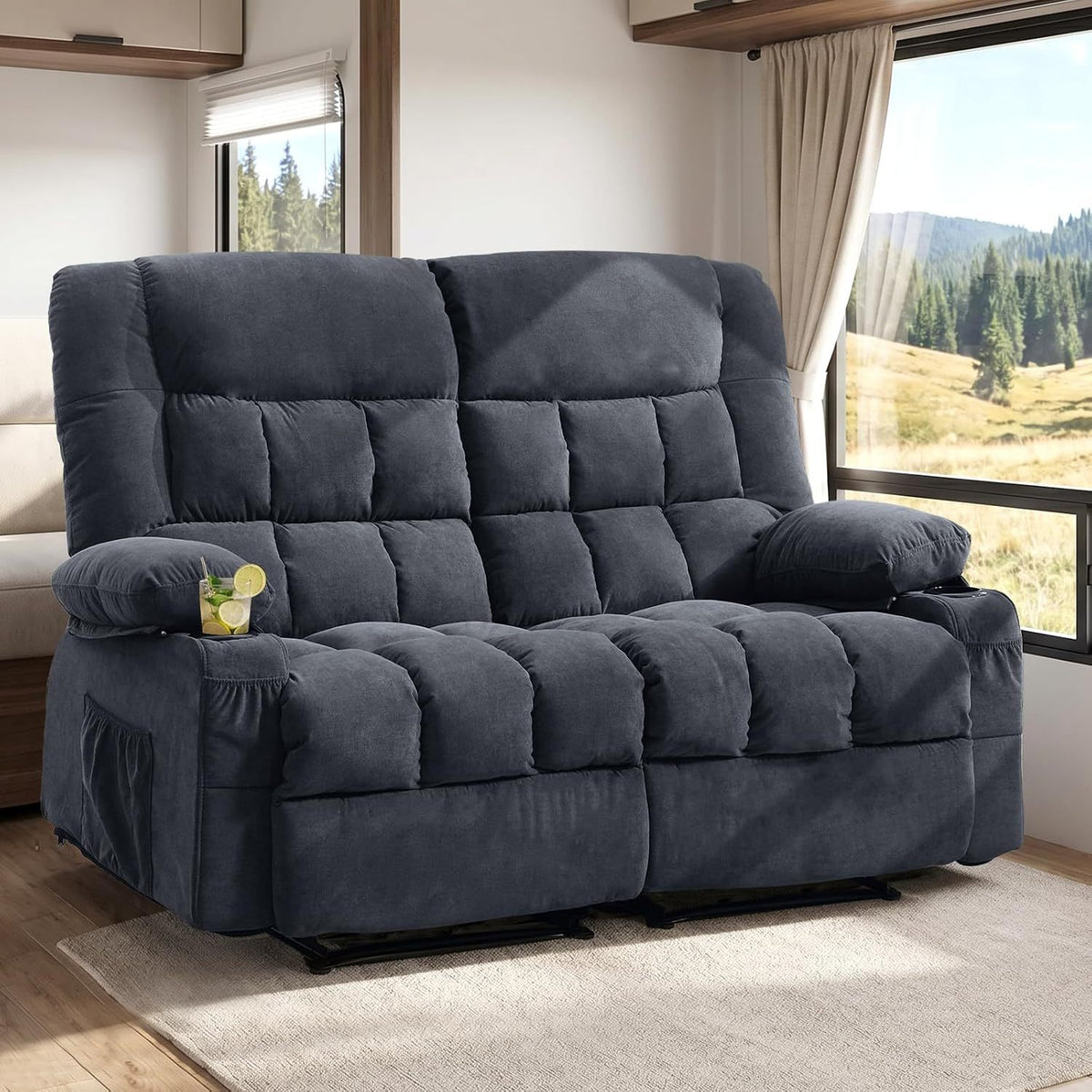 Blue Linen Reclining Loveseat