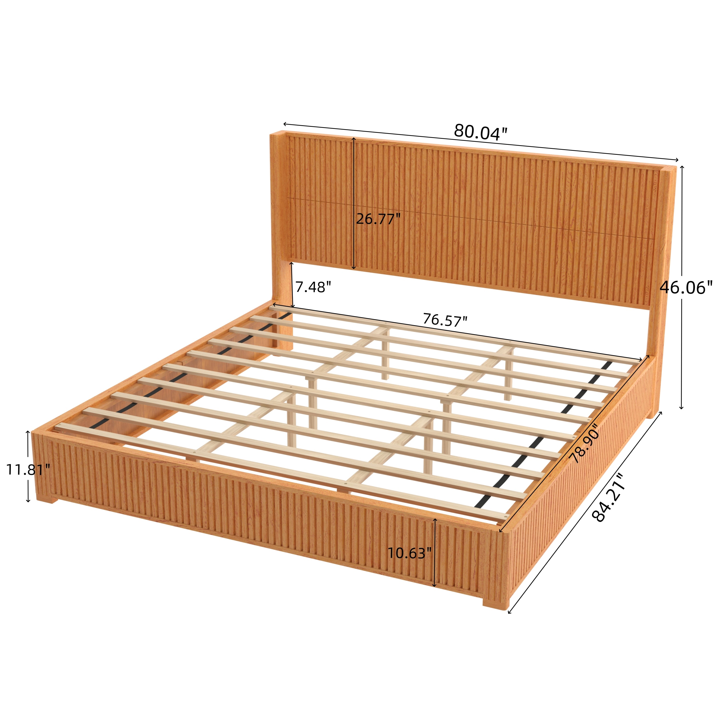 Dimension diagram of natural wood king floor bed frame, 80.04"W x 84.21"L