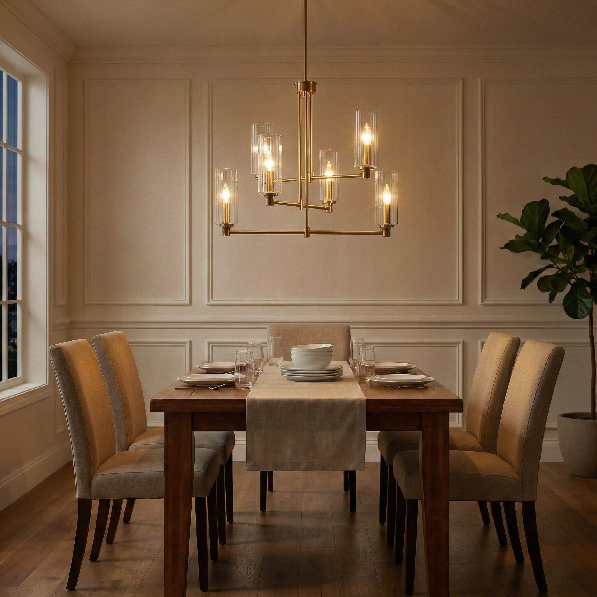 Chandelier with Clear Glass Shades, 6-Light, Antique Brass