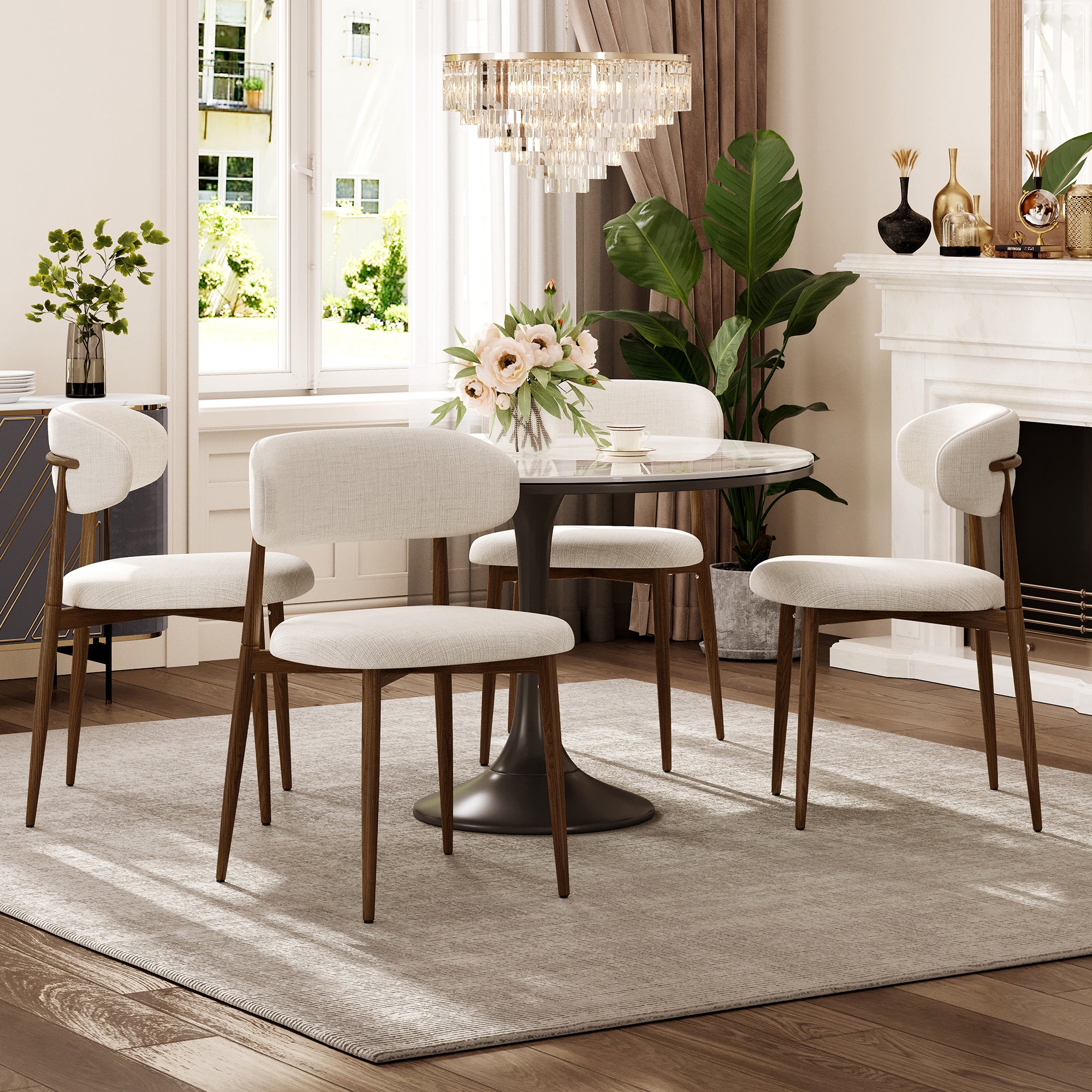 Metal Dining Chairs Set of 4, Beige Fabric with Woodgrain Legs
