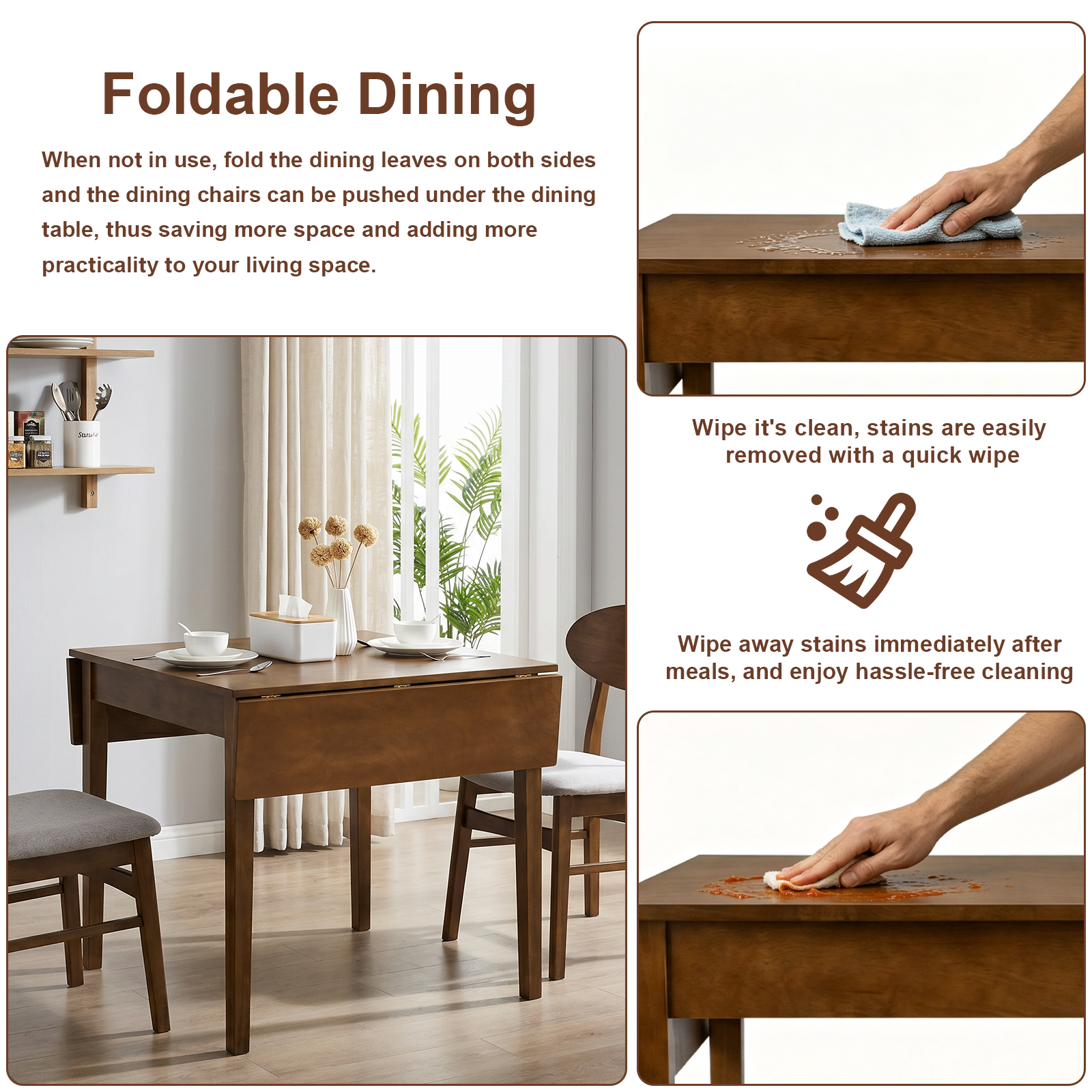 Feature graphic titled foldable dining with insets of a hand wiping the walnut tabletop clean