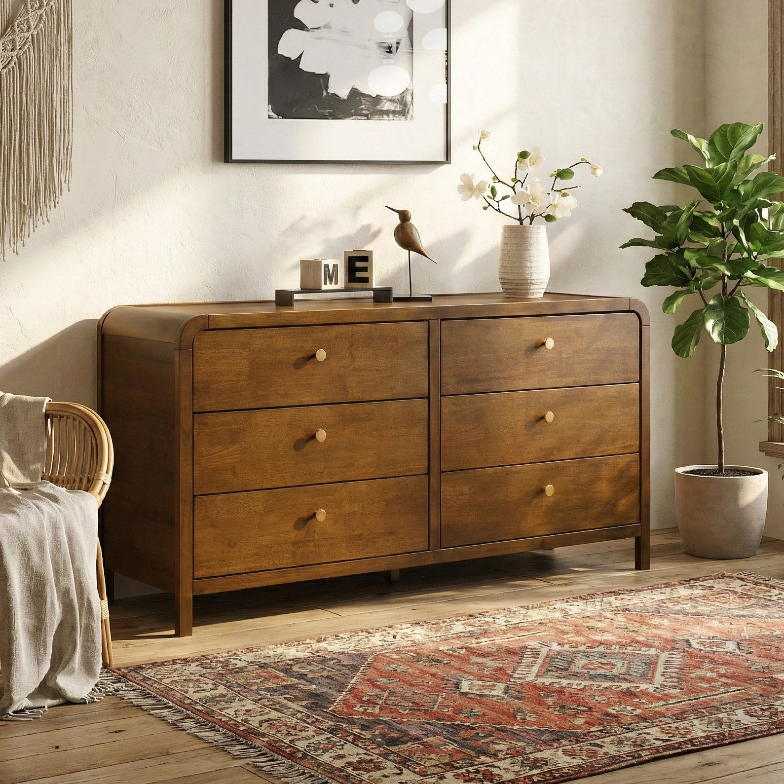 6-Drawer Walnut Dresser, 59 Inches Wide, Low Profile