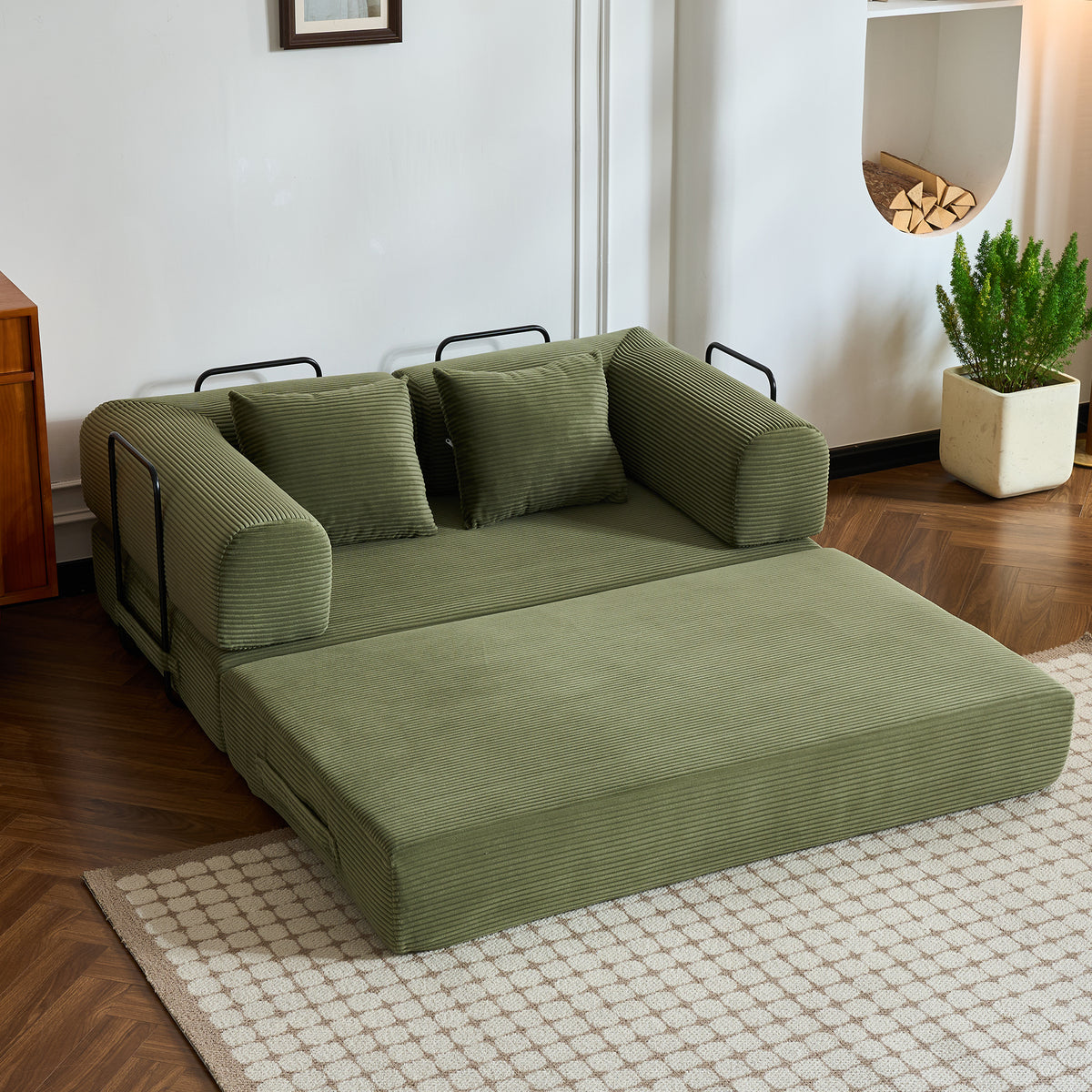 Green Corduroy Sleeper Sofa, No Assembly, 59.1 in Wide