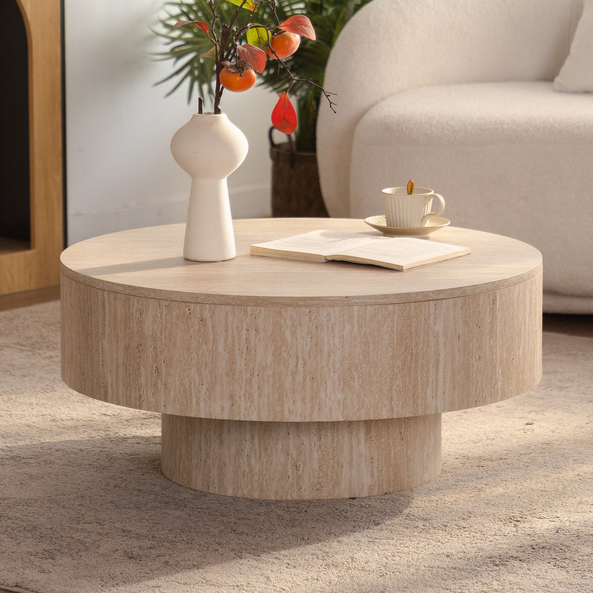 Beige Round Coffee Table with Storage, 27.6 in