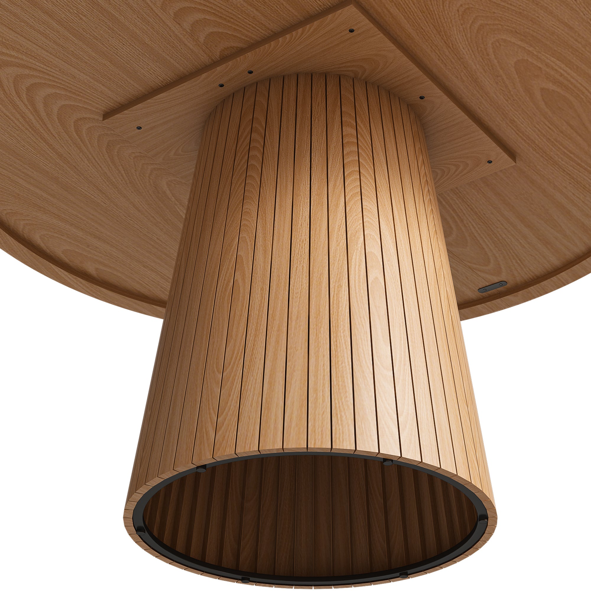 Underside view looking up at the oak round dining table and its slatted conical base, white studio