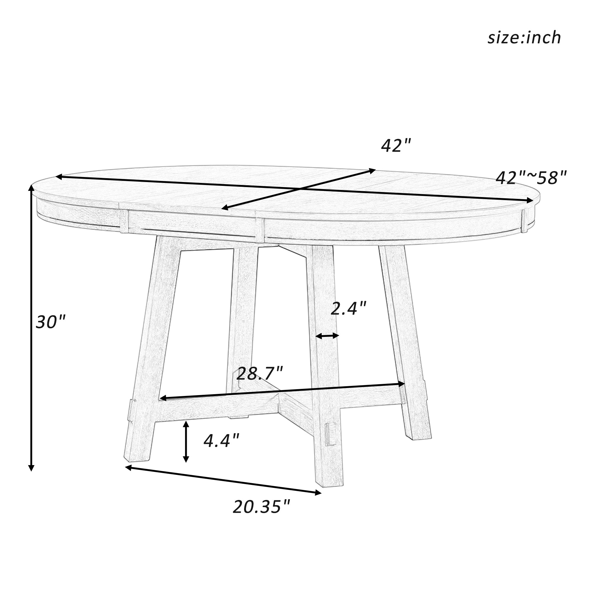 Dimension diagram of the espresso dining table: 42 in wide, 42 to 58 in long, 30 in high