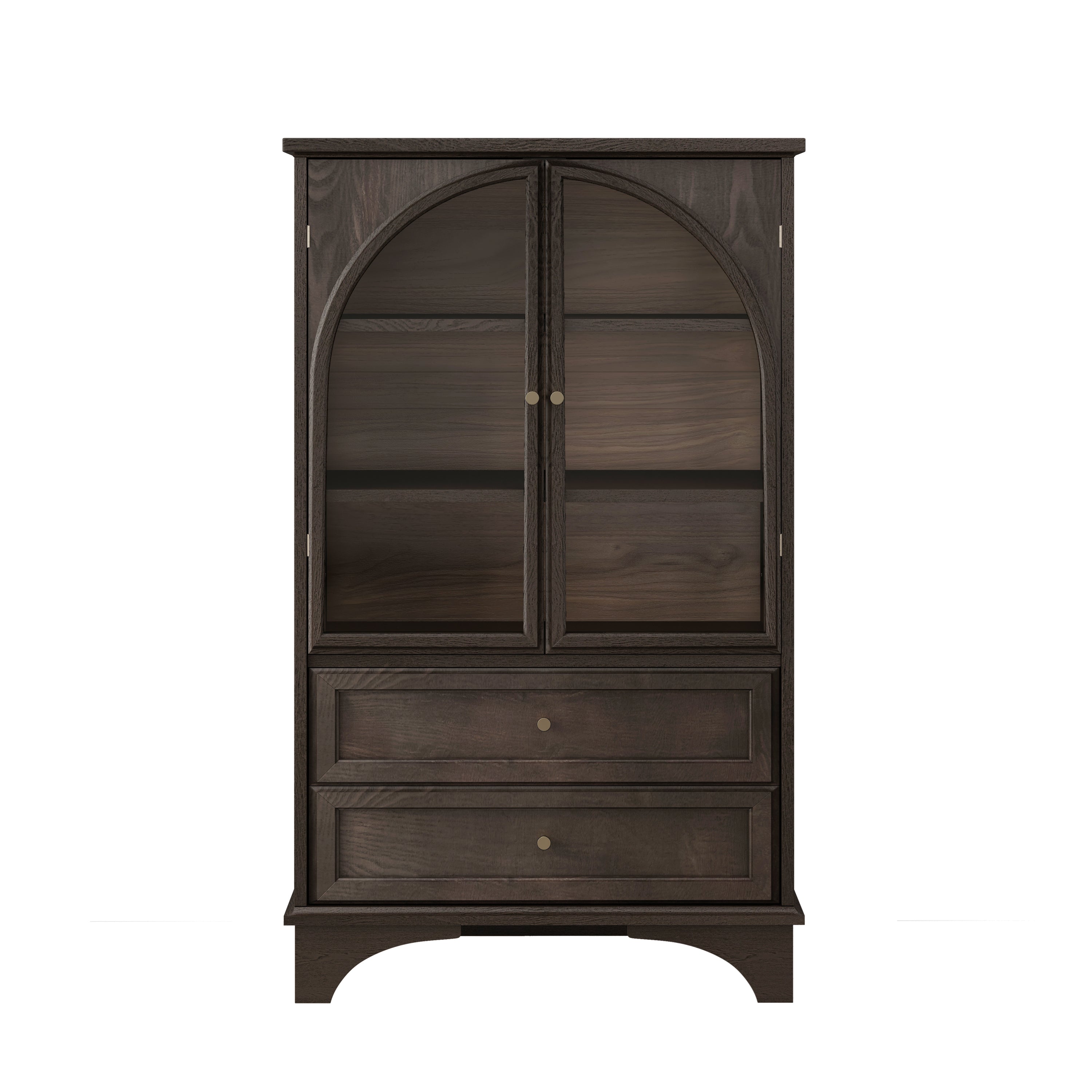 Arched Glass Display Cabinet, Vintage Brown, 2 Drawers & Shelves