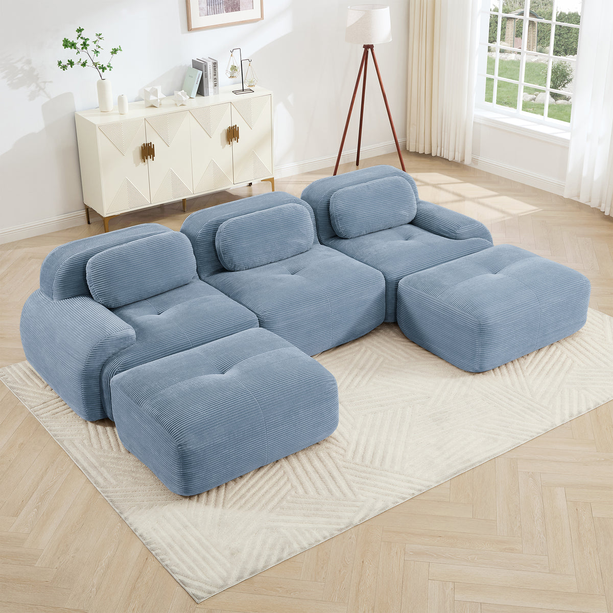 Blue Corduroy U-Shaped Modular Sectional Couch