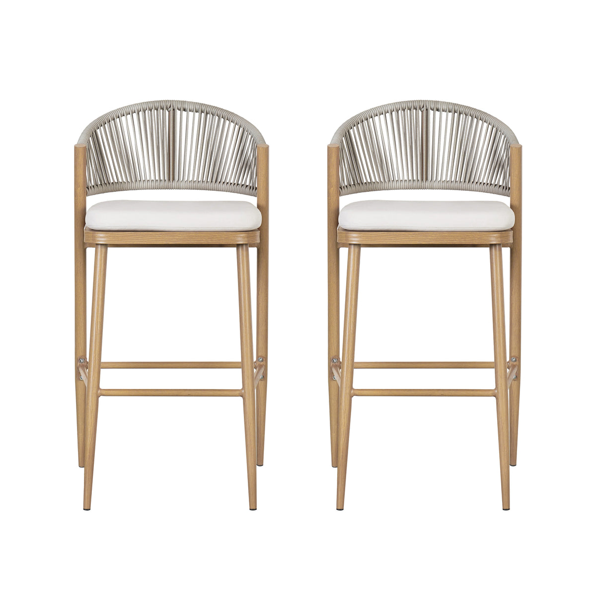 Wood Grain Finish Aluminum Outdoor Counter Stool with Cushions, Set of 2