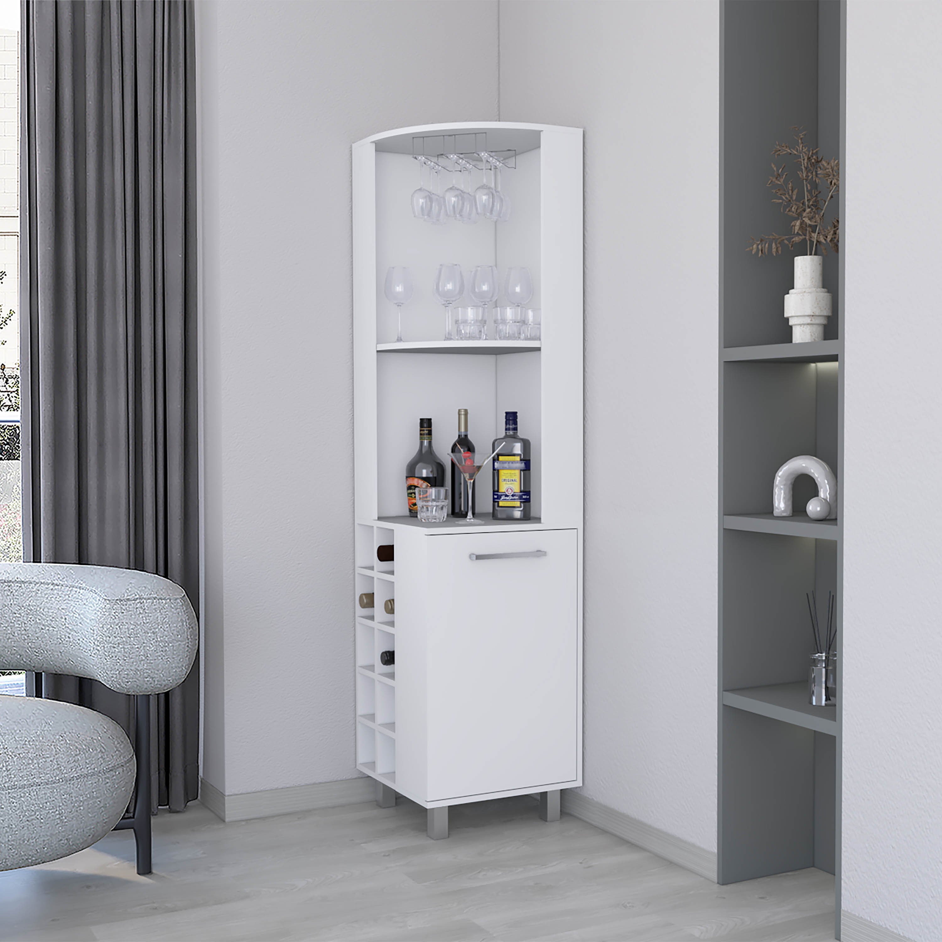 Corner Bar Cabinet Wine Rack, White, 10-Bottle & Stemware