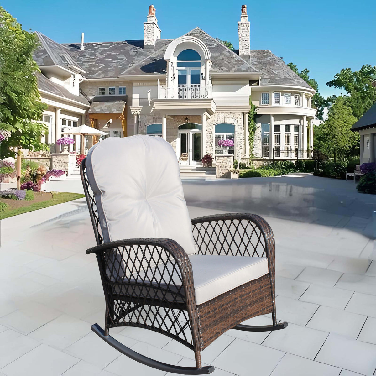 Brown Wicker Outdoor Rocking Chair with Gray Cushion