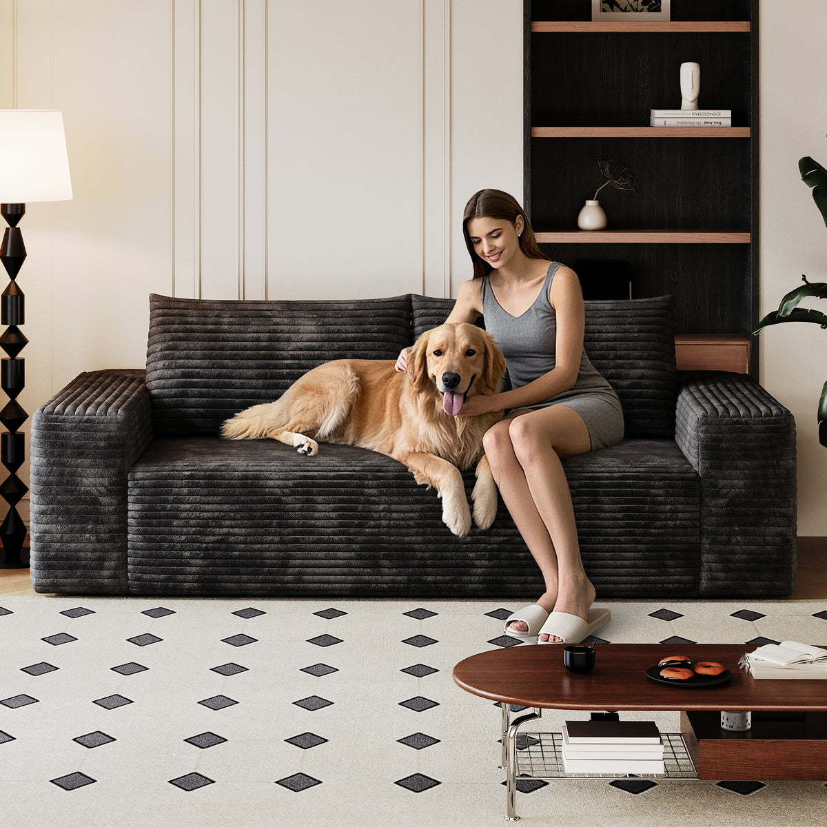 Black Corduroy 2-Seat Couch, No Assembly, 70.9 in Wide