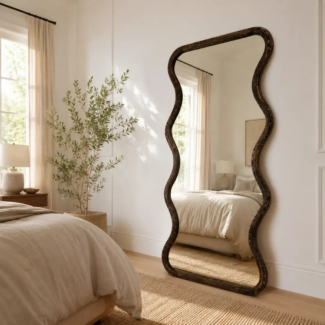 Wavy Full Length Wood Mirror, 36 x 72 in, Antique Brown