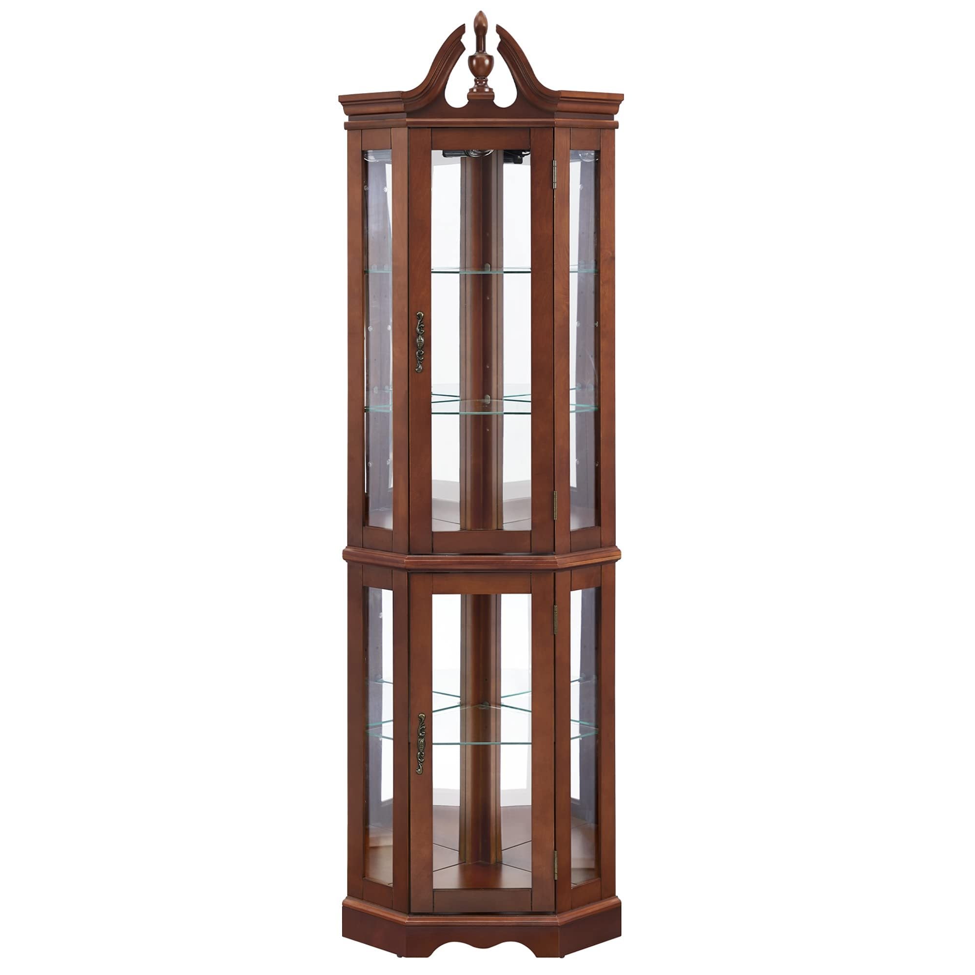 Walnut Corner Curio Display Cabinet, Lighted with Glass Doors