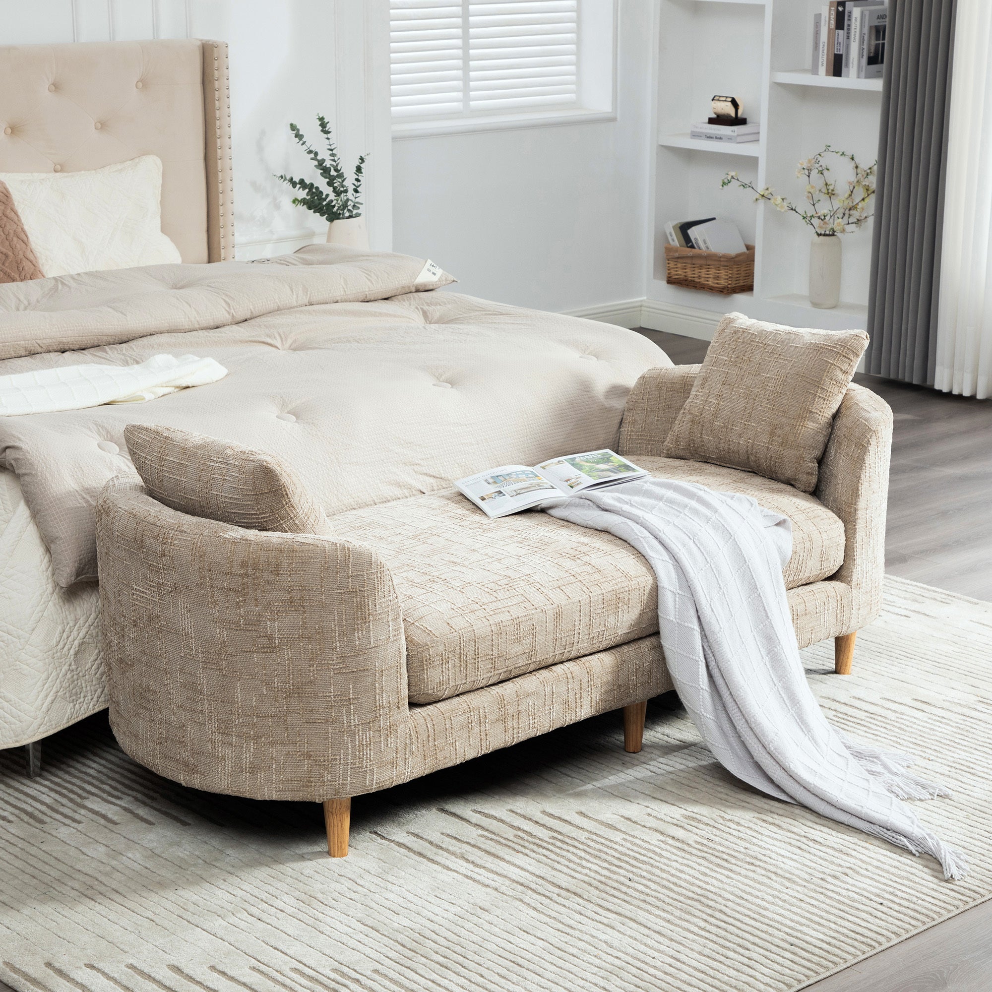 Chenille Backless Bench, 77 in Beige with Arms and Bolsters