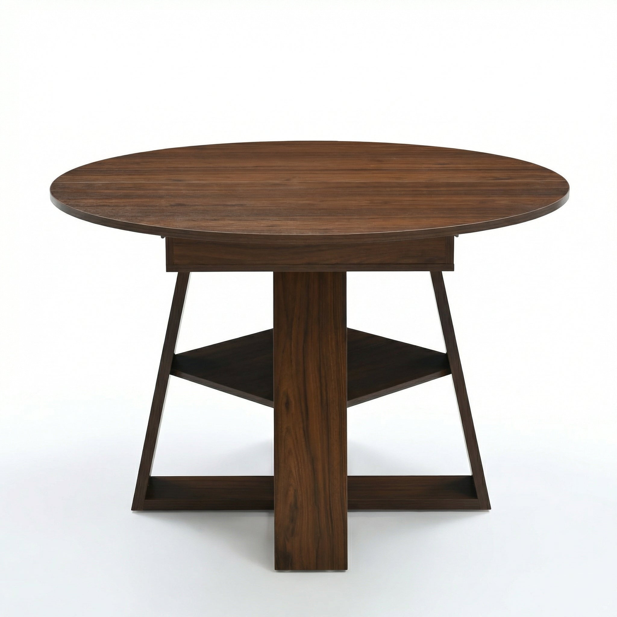 Front studio view of the walnut round table with cross pedestal base and lower shelf