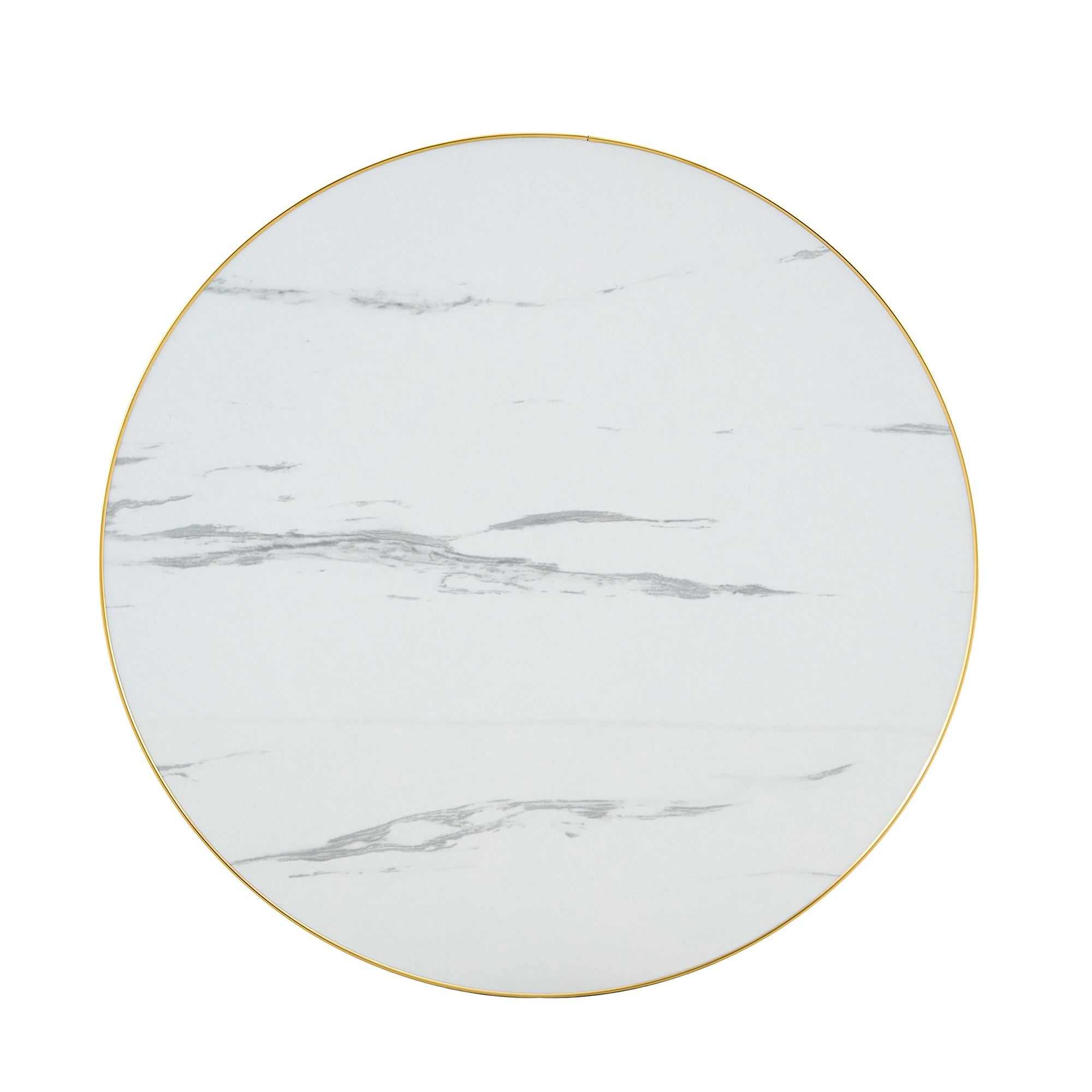 Overhead view of the round white faux marble tabletop with a thin gold rim on a white background