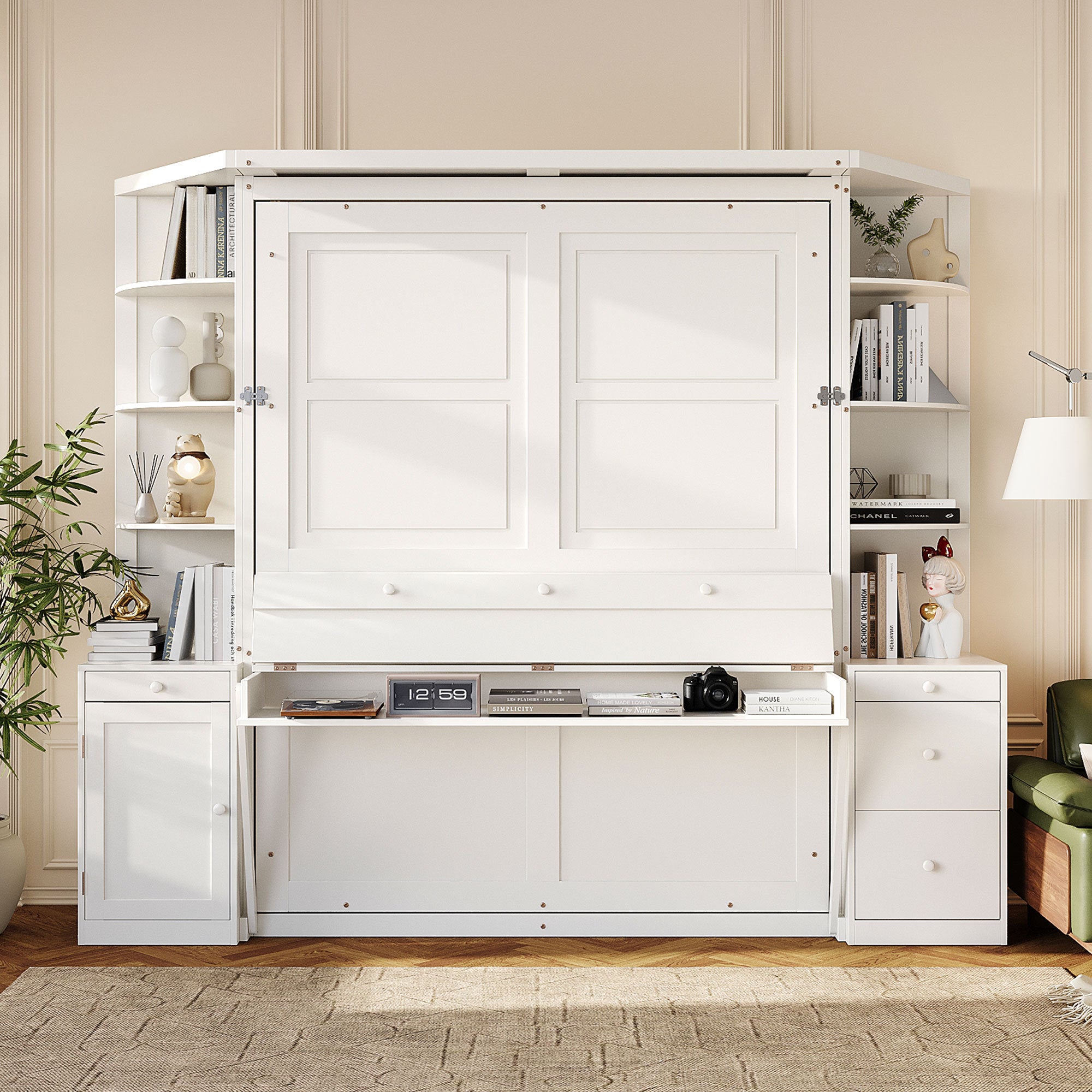 Queen Murphy Bed with Desk, Shelves and Cabinets, White