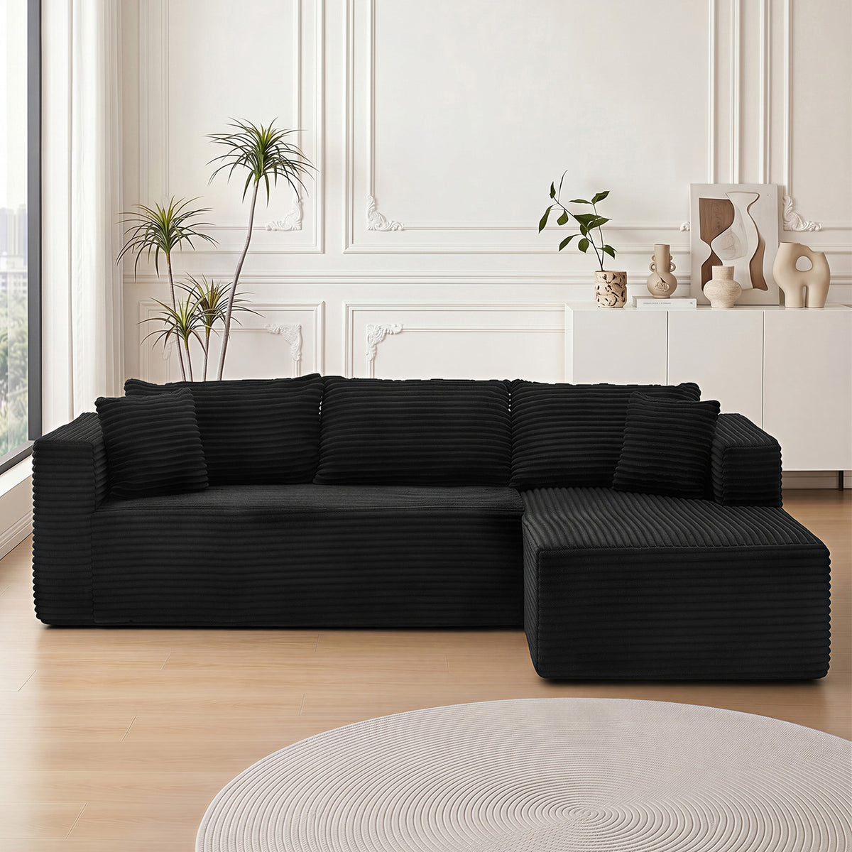 Black Corduroy L-Shaped Modular Sectional, 105 in Wide, Right-Facing