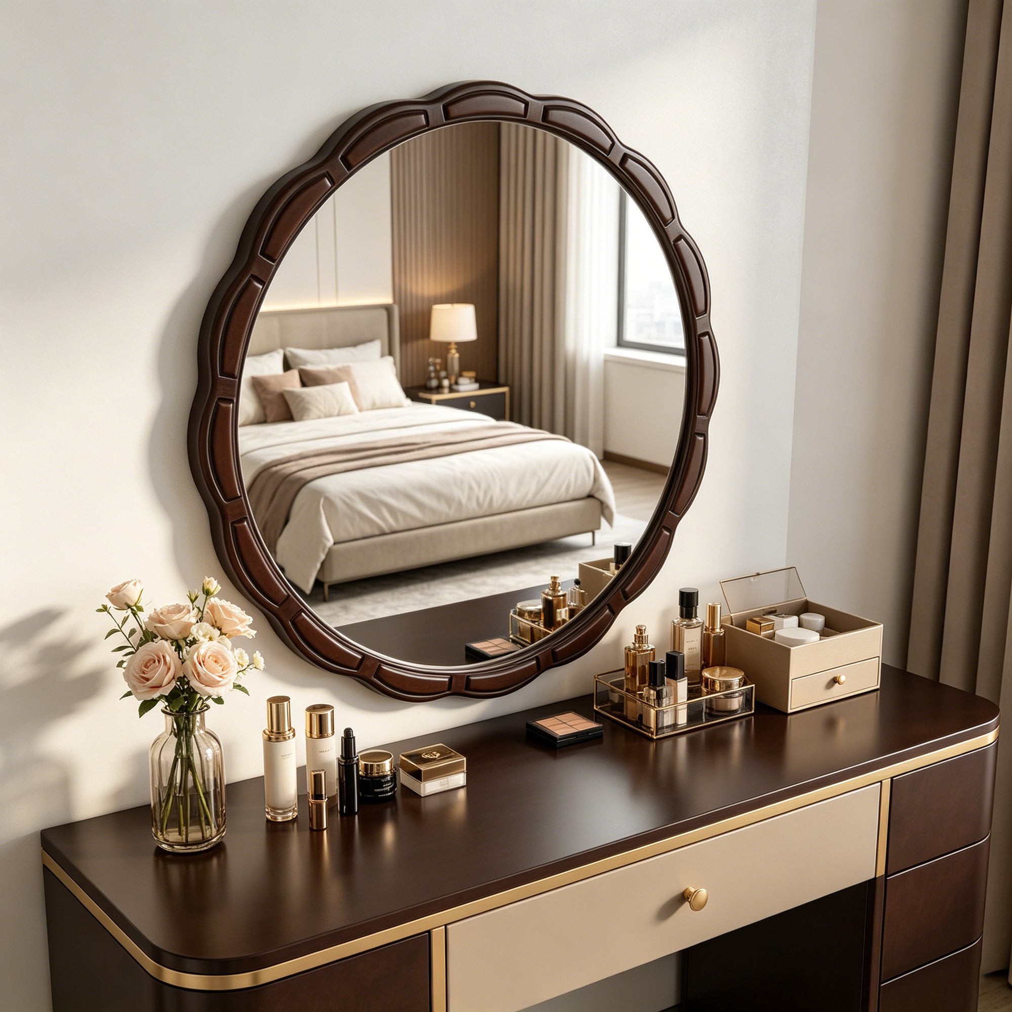 31.5 Inch Round Wood Mirror, Walnut Brown Retro Frame