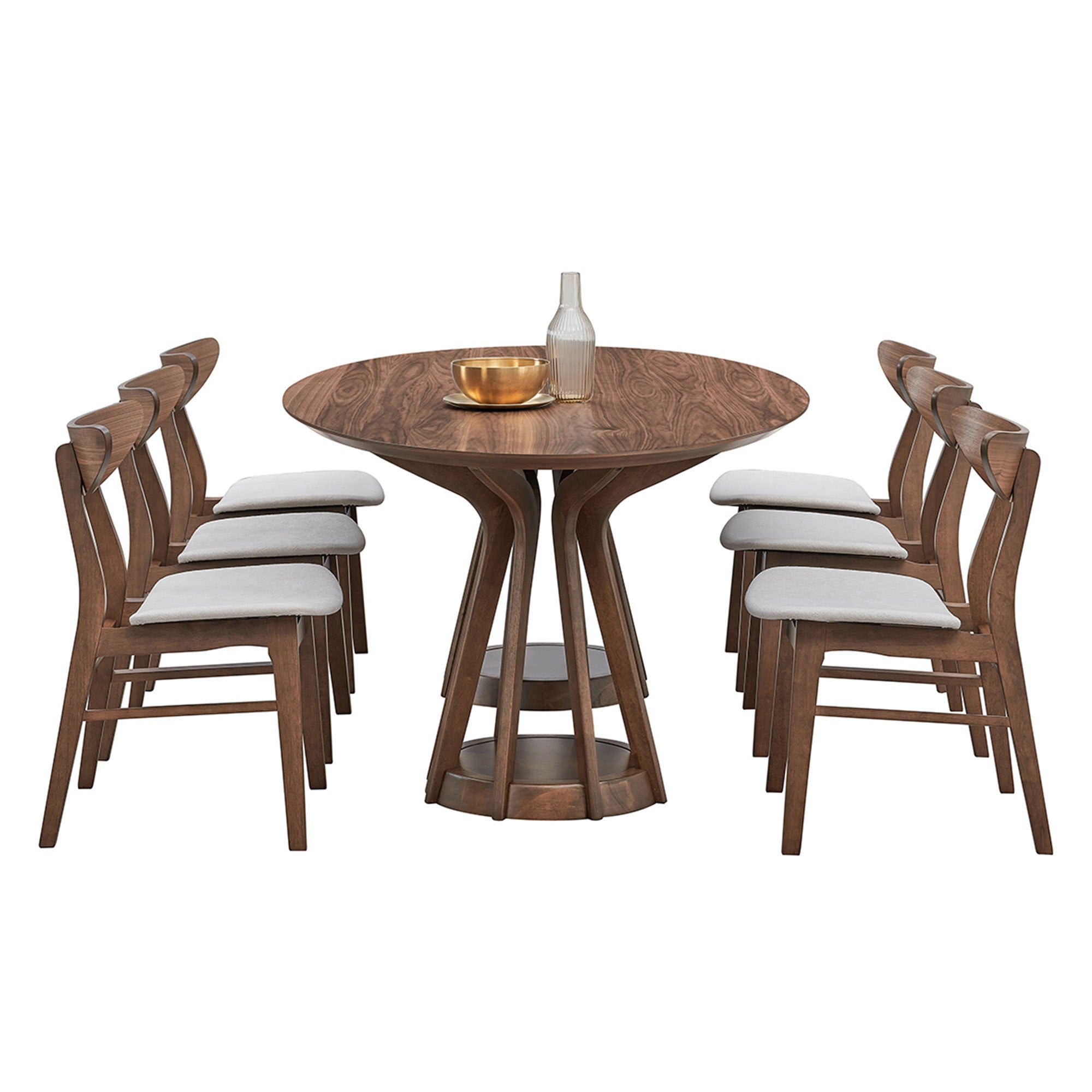 Walnut oval pedestal dining set with four chairs under a chandelier in a room