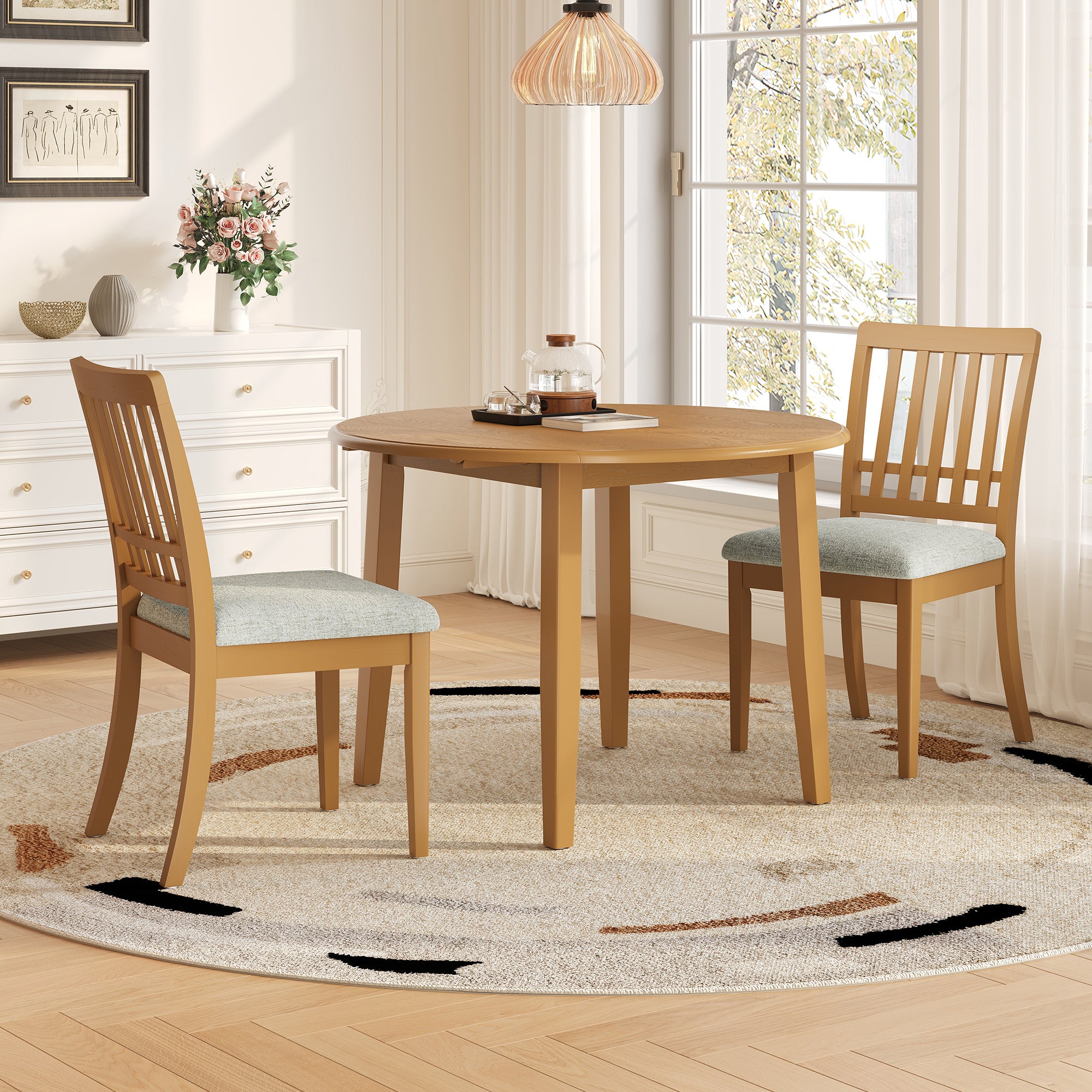 3-Piece Round Drop-Leaf Dining Set for 2, Light Brown Table + Chairs