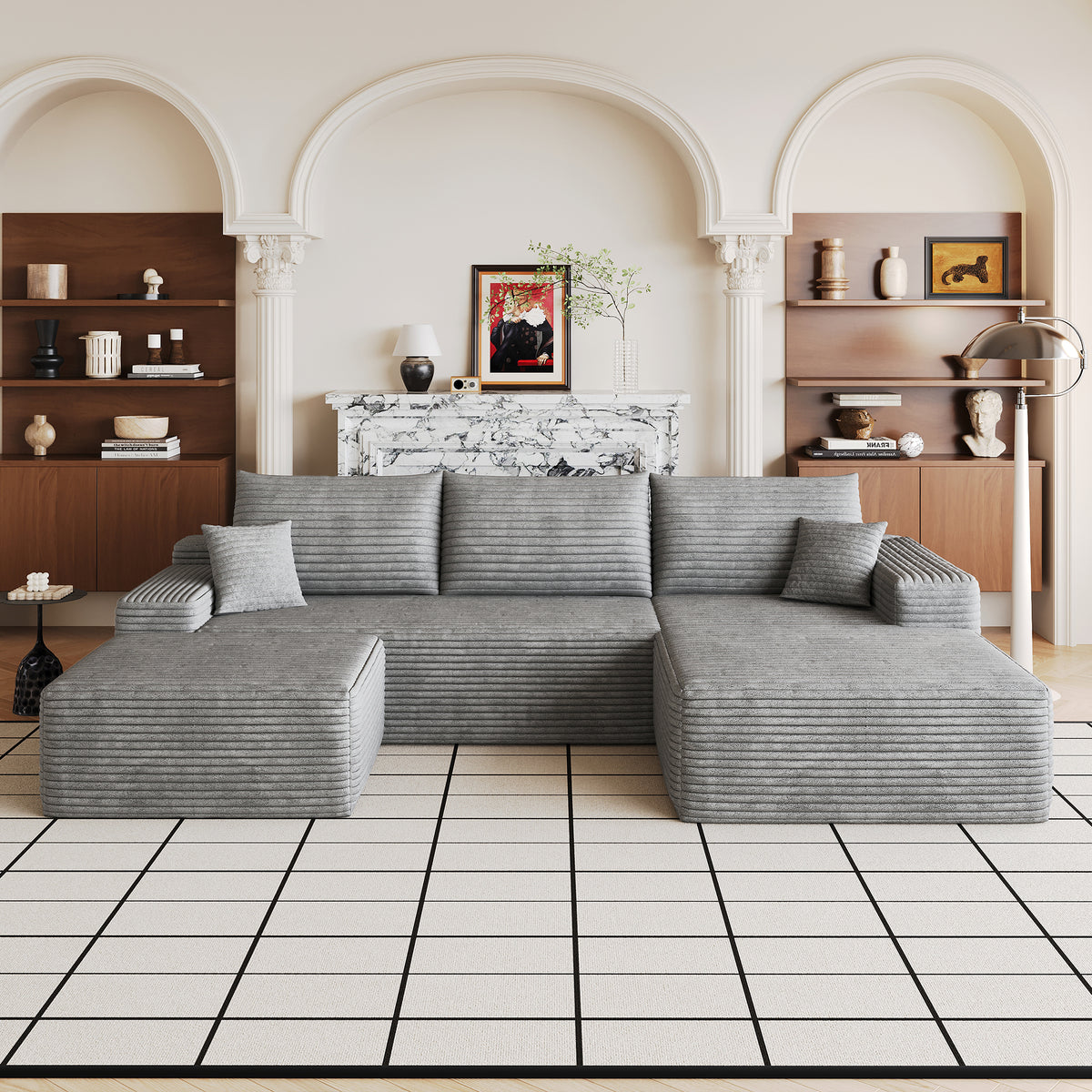 Gray Corduroy U-Shaped Sectional with Ottoman, Right-Facing