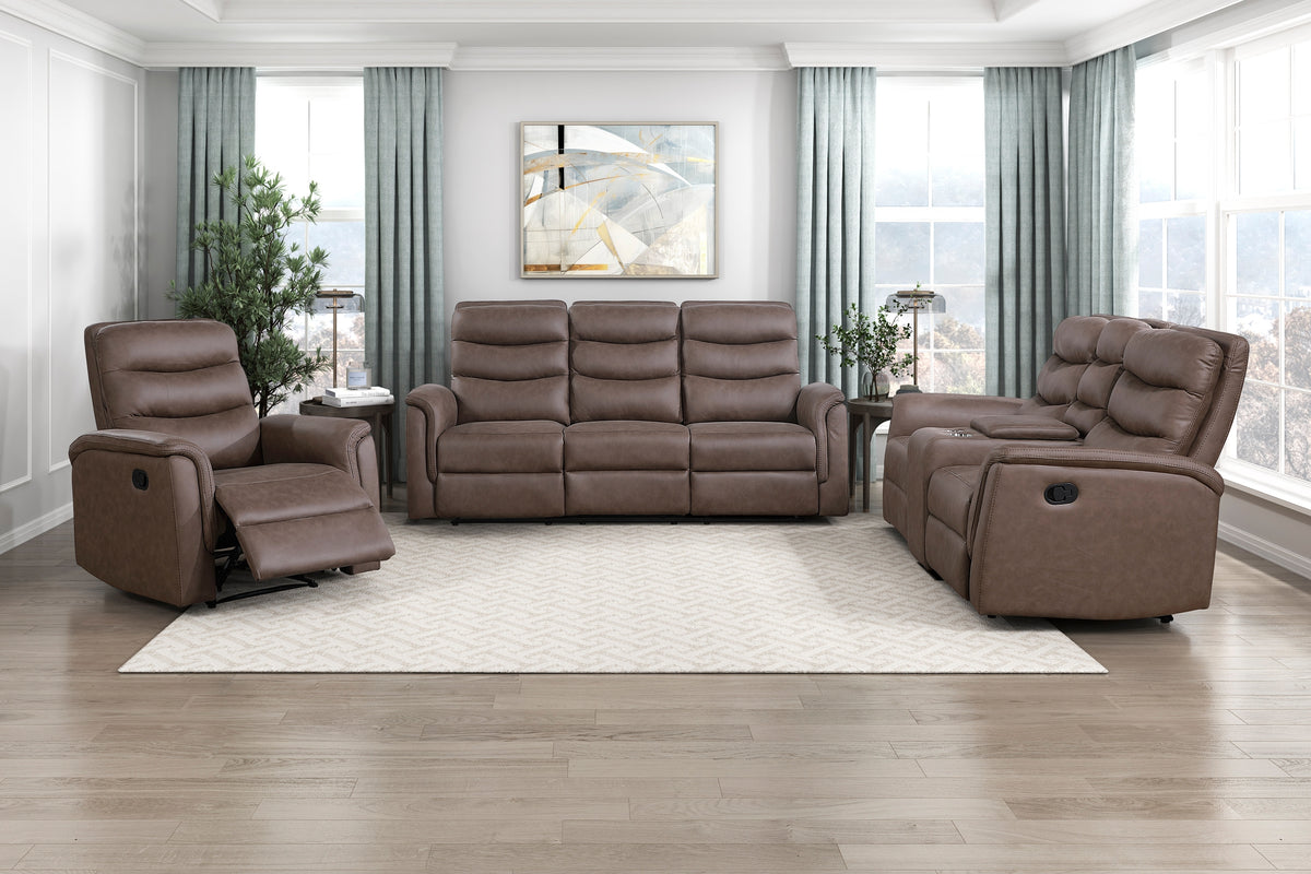 Brown Microfiber 3-Piece Reclining Set with Console, Wall-Hugger