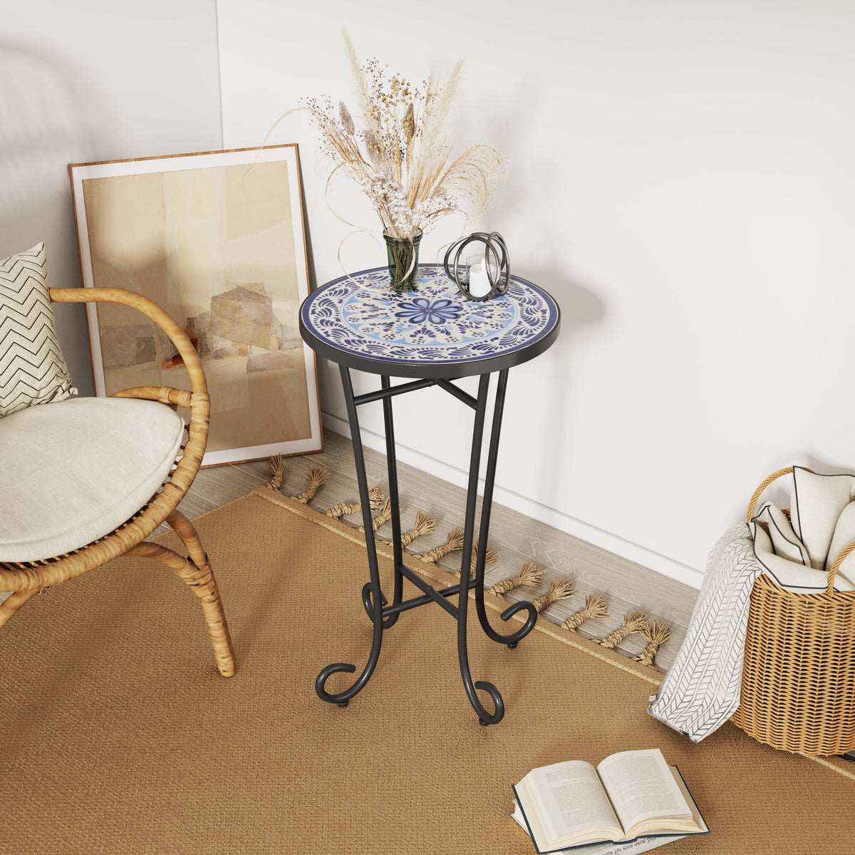 Black Metal Outdoor Side Table, Ceramic Tile Top, 23.3 in Tall