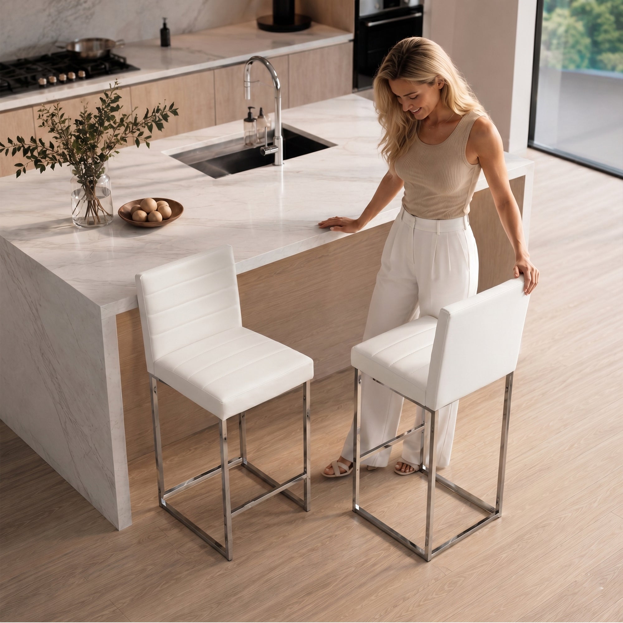 Counter Height Bar Stools Set of 2, White PU, Metal Legs