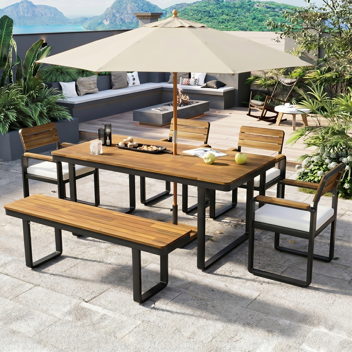 Solid Wood 6-Piece Patio Dining Set for 6 with Beige Cushions