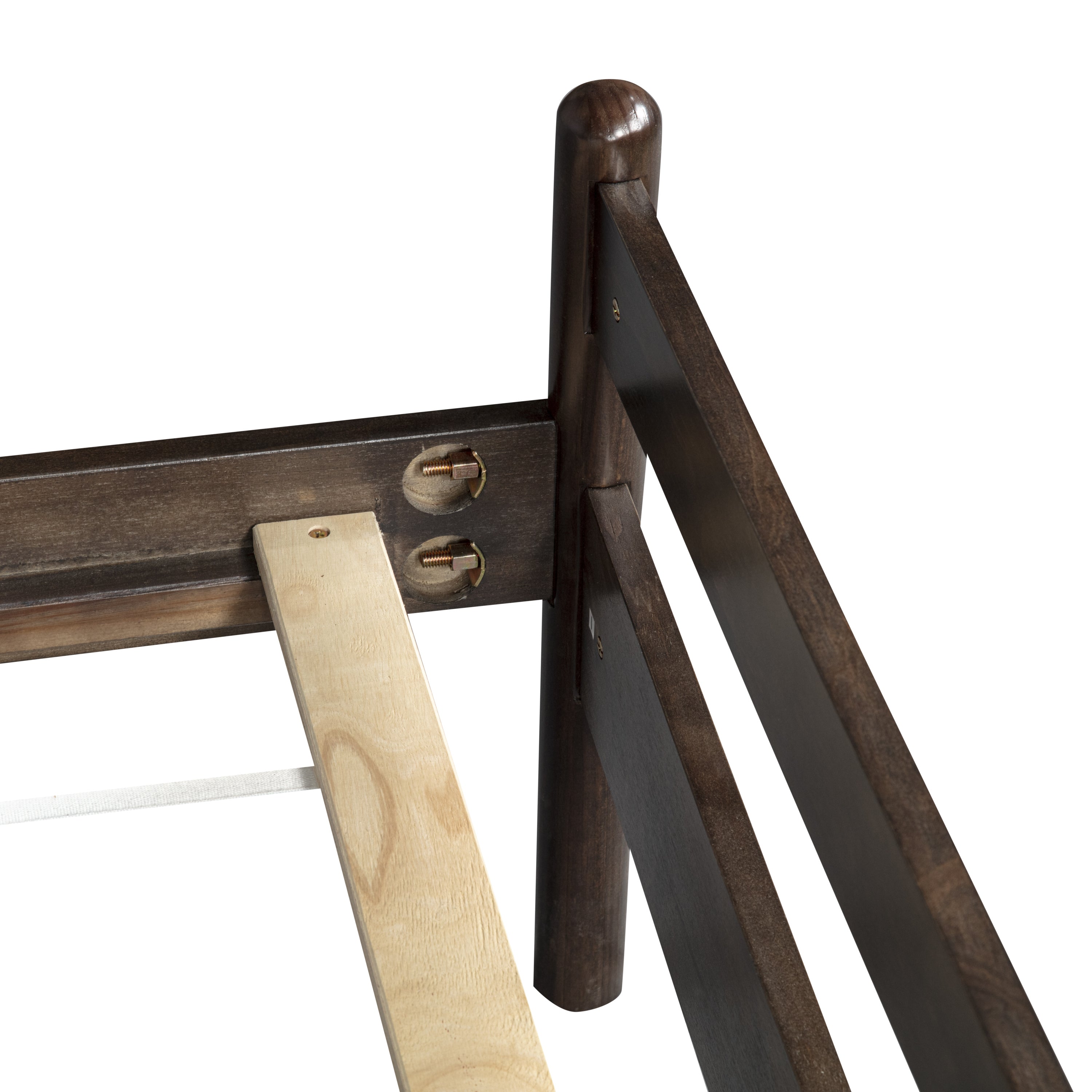 Close-up of a rounded corner post and bolted joint on the brown solid wood bed frame #Color_Brown
